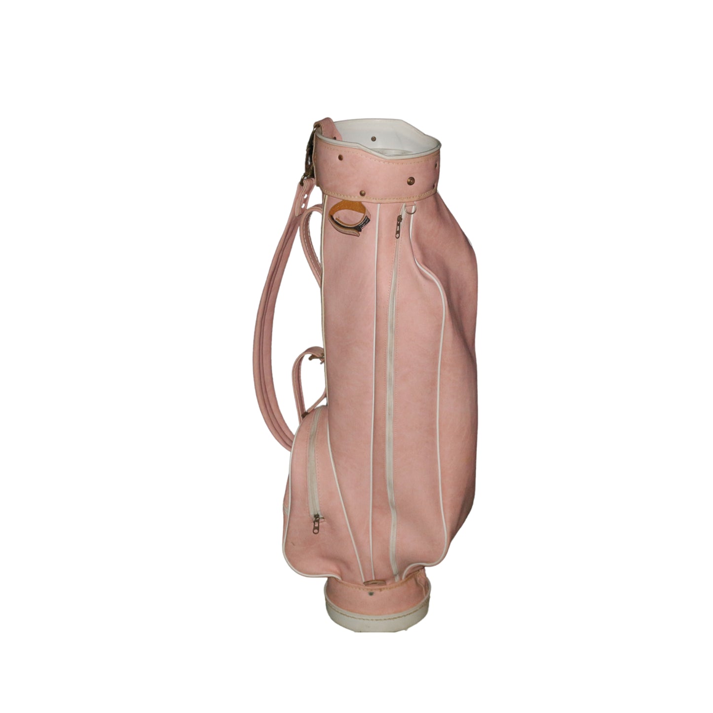 Side view of a pink golf bag with a strap on a white background