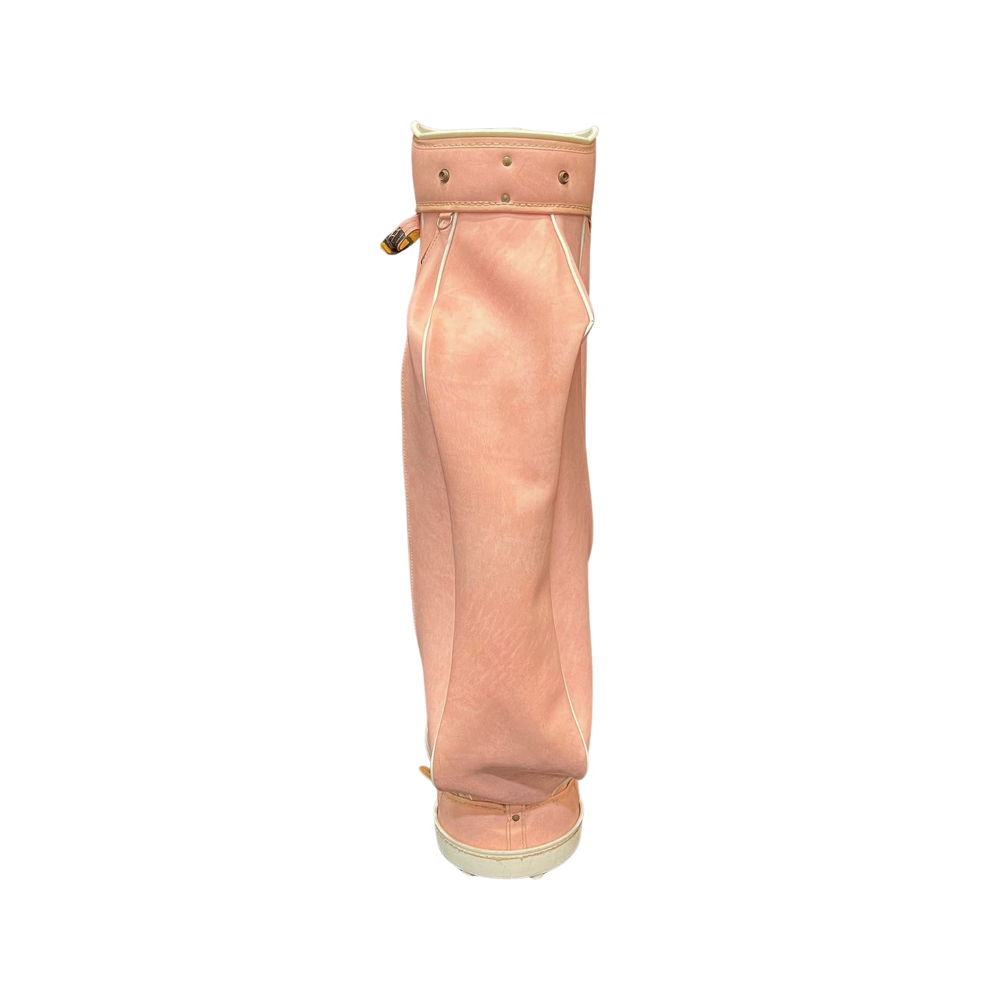 Front view of a pink golf bag with a strap on a white background