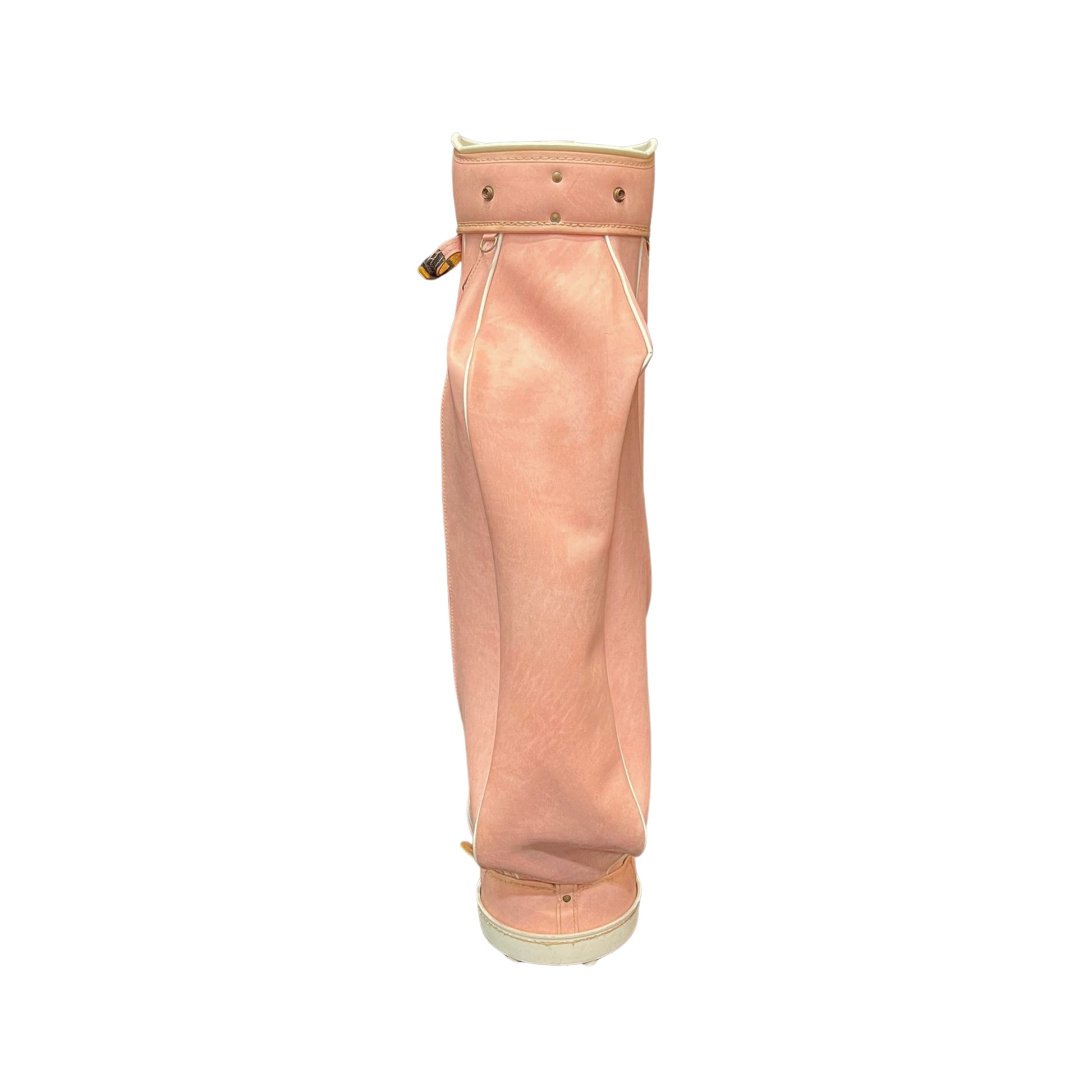 Front view of a pink golf bag with a strap on a white background