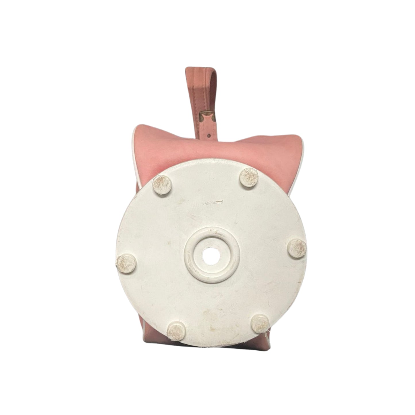 View from the bottom of a pink golf bag with a strap on a white background