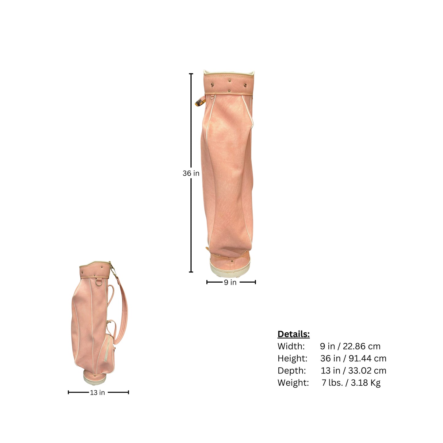 Measurement chart of a pink golf bag with dimensions and weight details on a white background