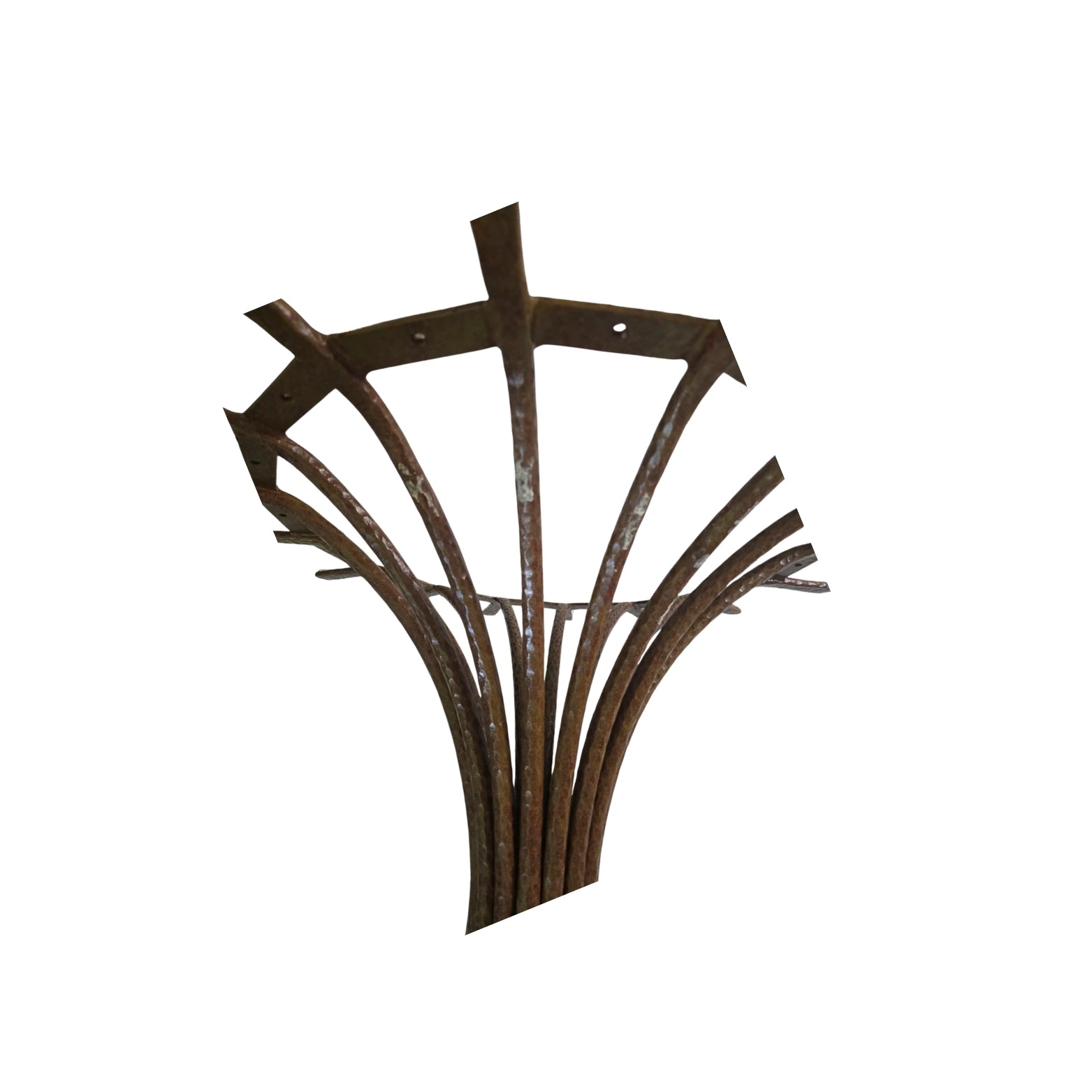 Detail of chipping that the hammered iron pedestal presents and a carved glass top over a white background