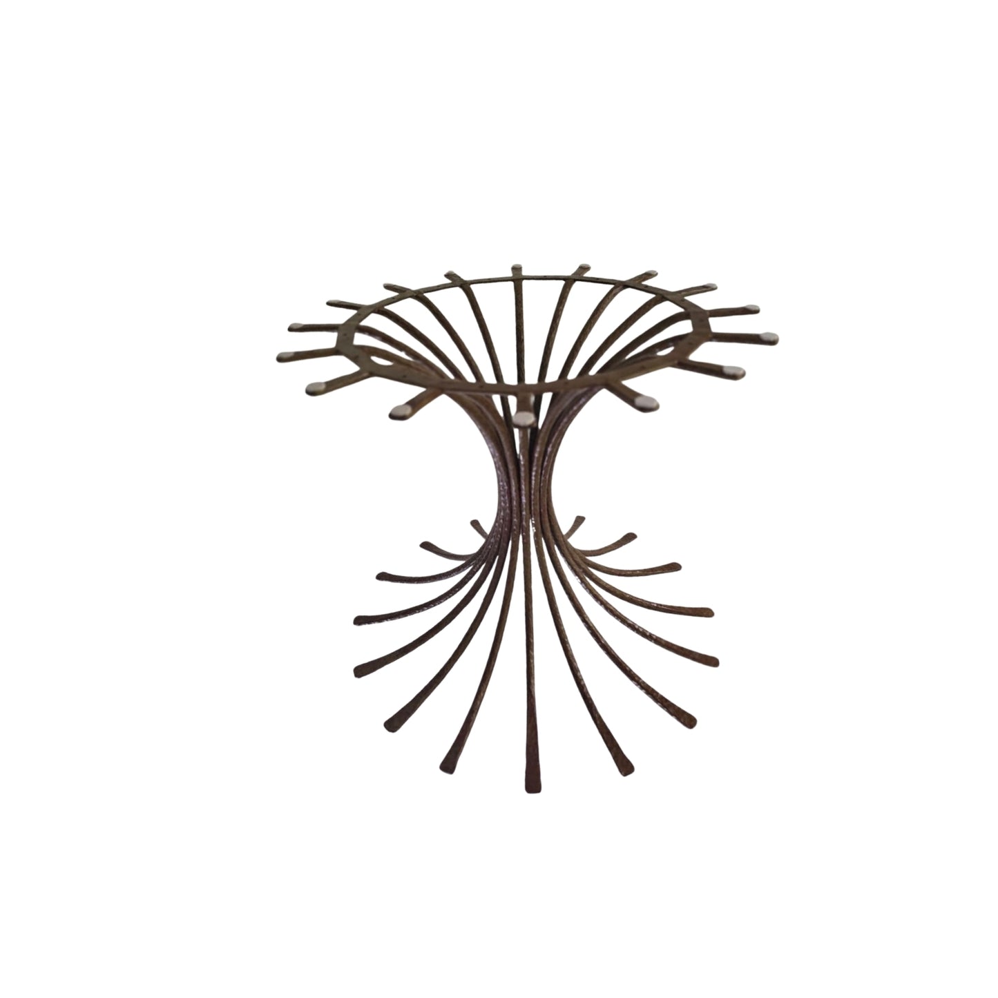 front view of hammered iron pedestal and a carved glass top on a white background
