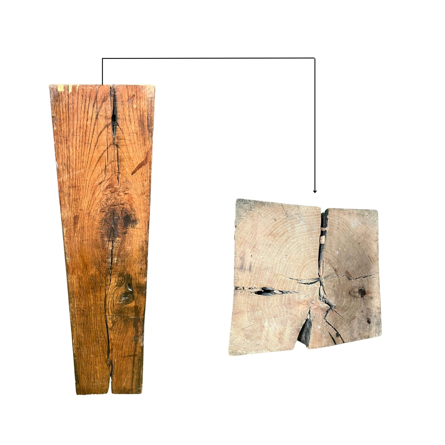 view from above of the wooden pedestal with natural grain and texture on a white background