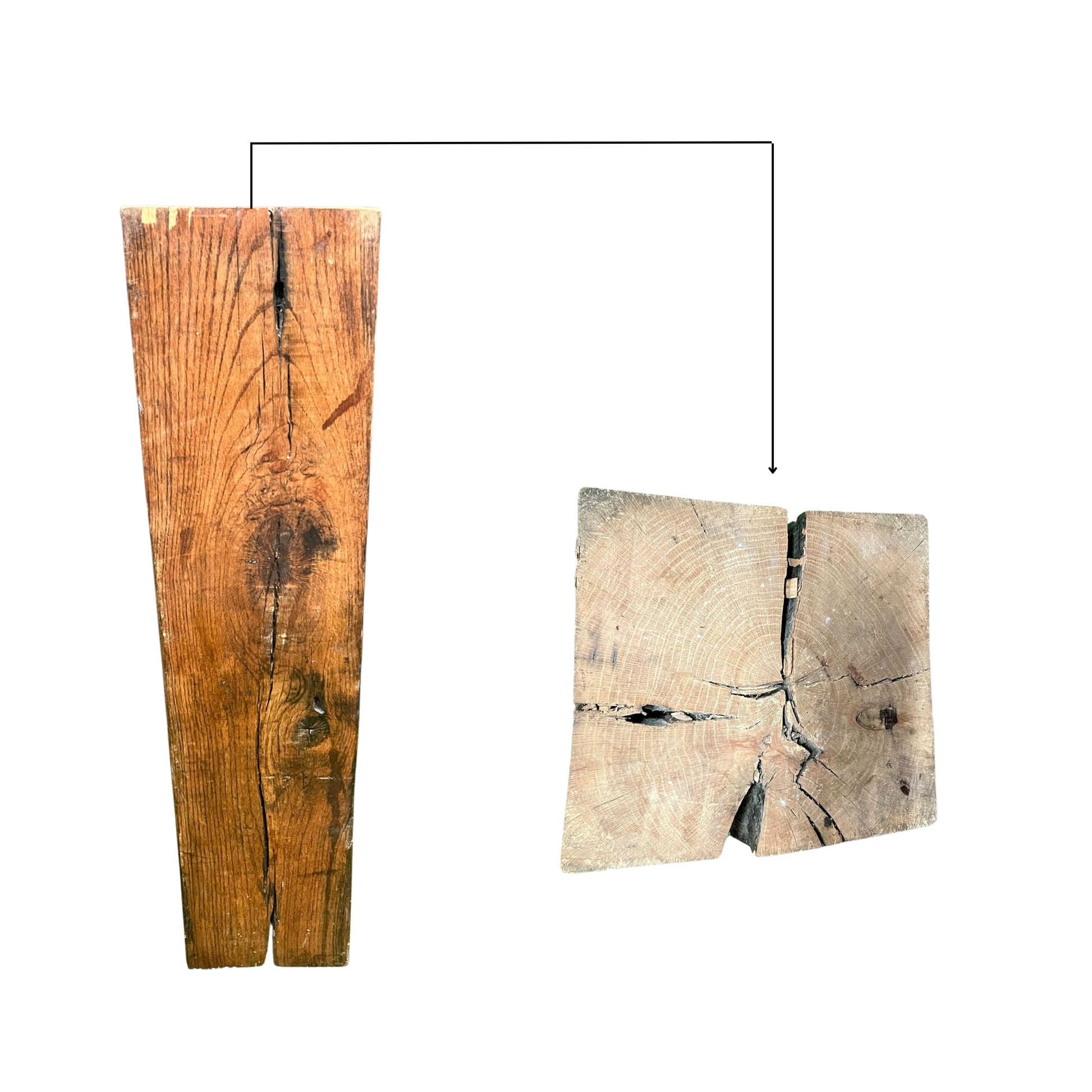 view from above of the wooden pedestal with natural grain and texture on a white background