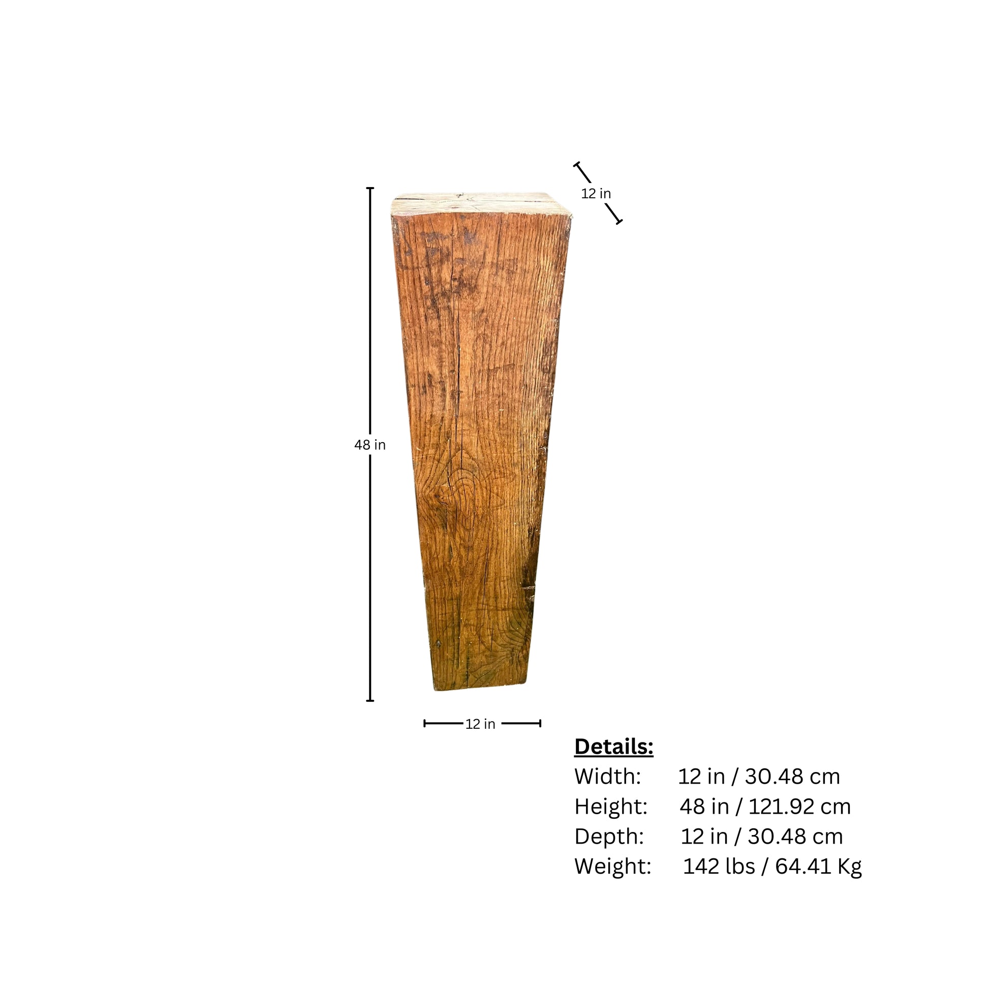 Pages of measurements of the wooden pedestal with natural grain and texture on a white background