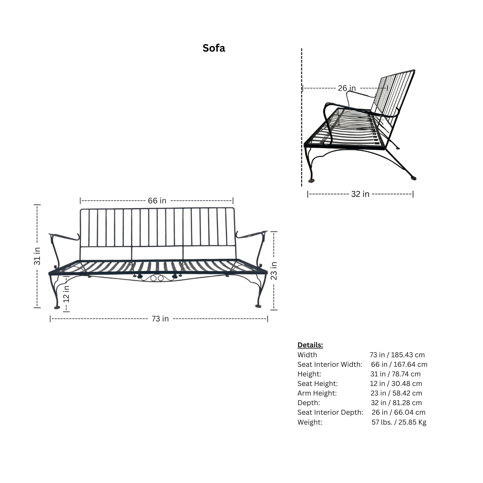 Measurements of a Vintage Wrought Iron Outdoor Sofa part of a Patio Set (4 Piece)