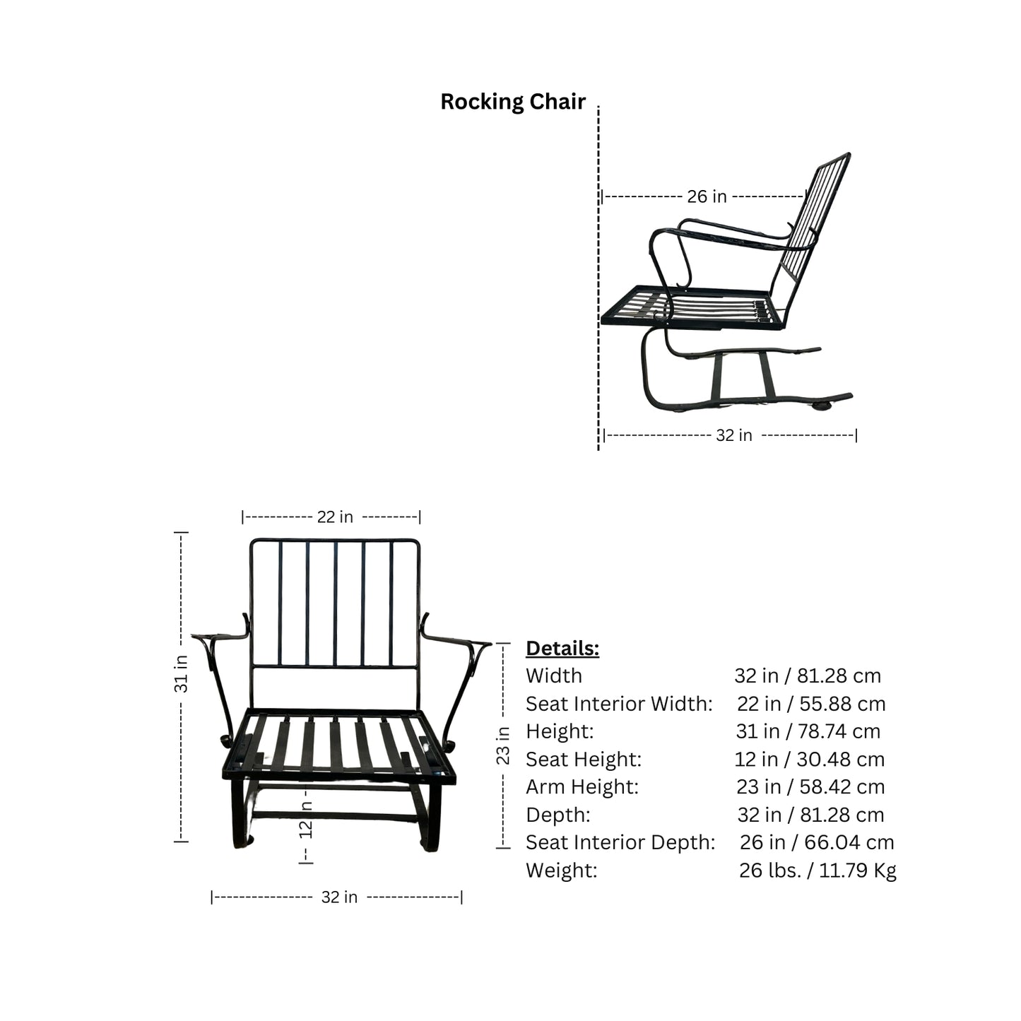 Dimensions and details of a rocking chair on a white background