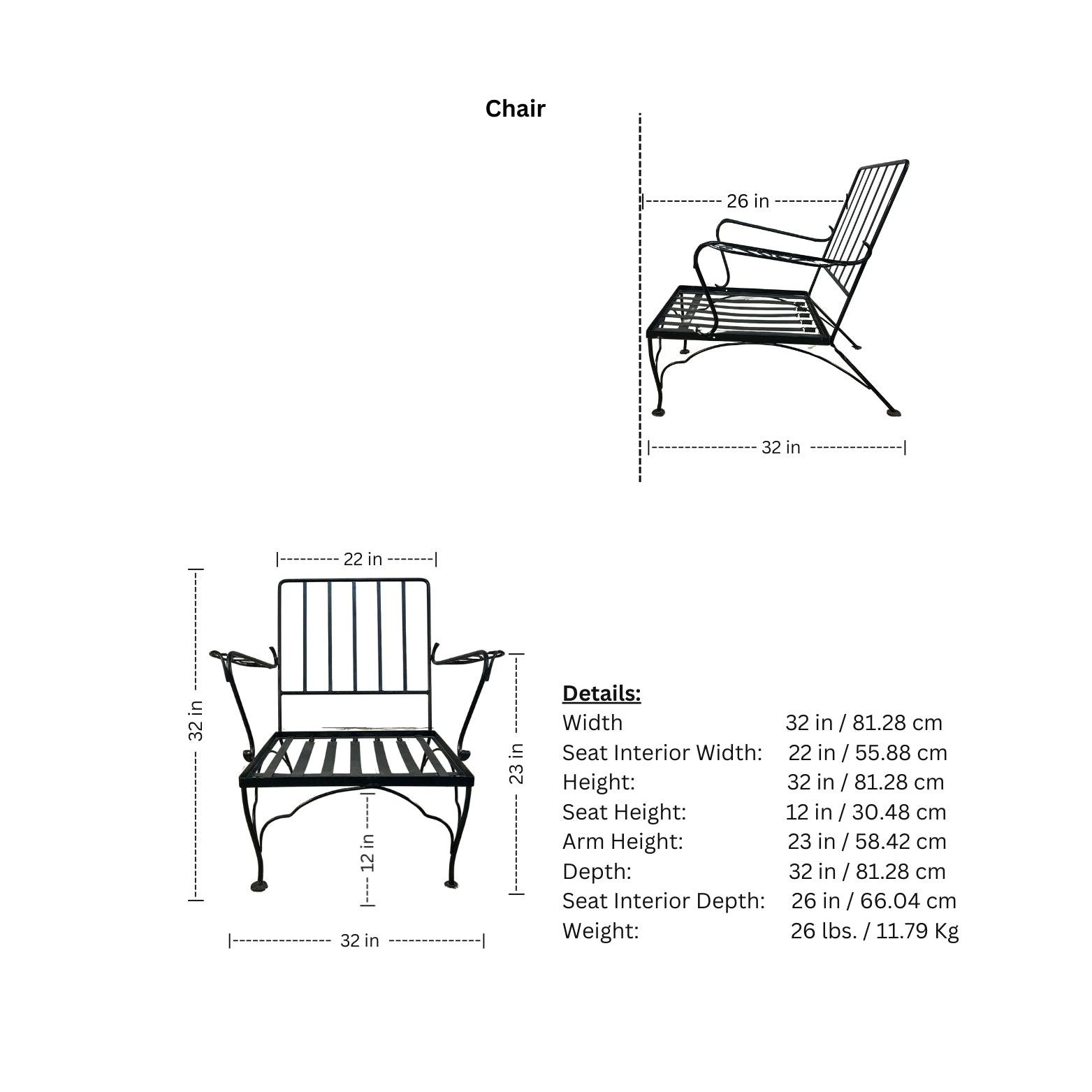 Dimensions and specifications of a chair on a white background