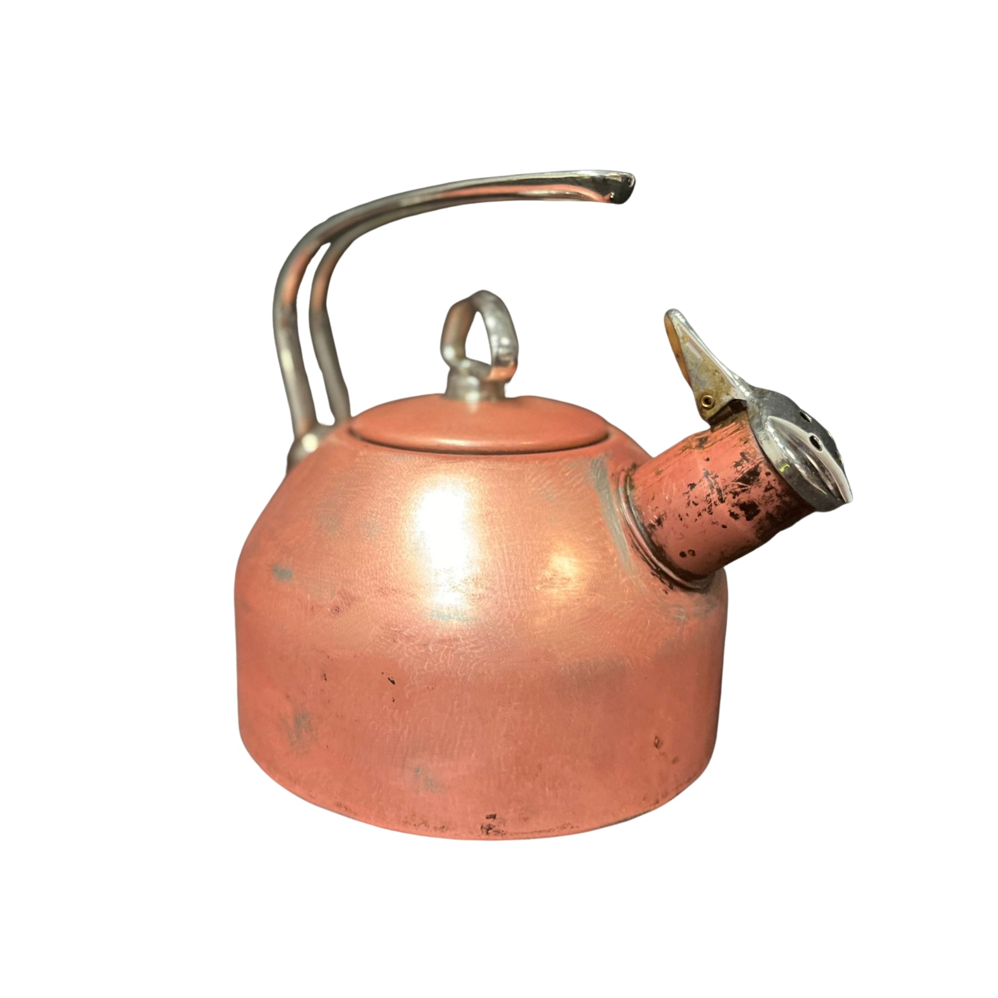 Side view of a copper kettle with a silver handle and spout on a white background