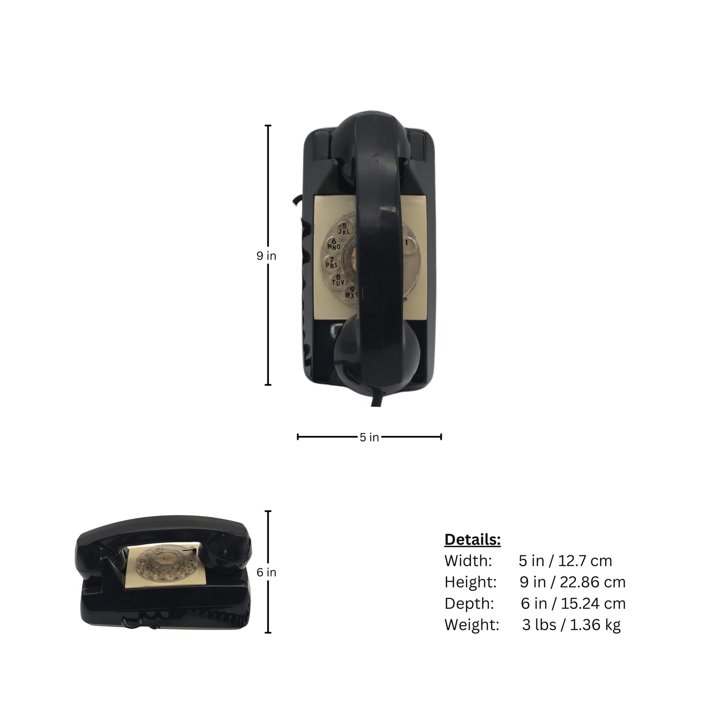 Page of measurements of a vintage black wall phone with a coiled cord on a white background