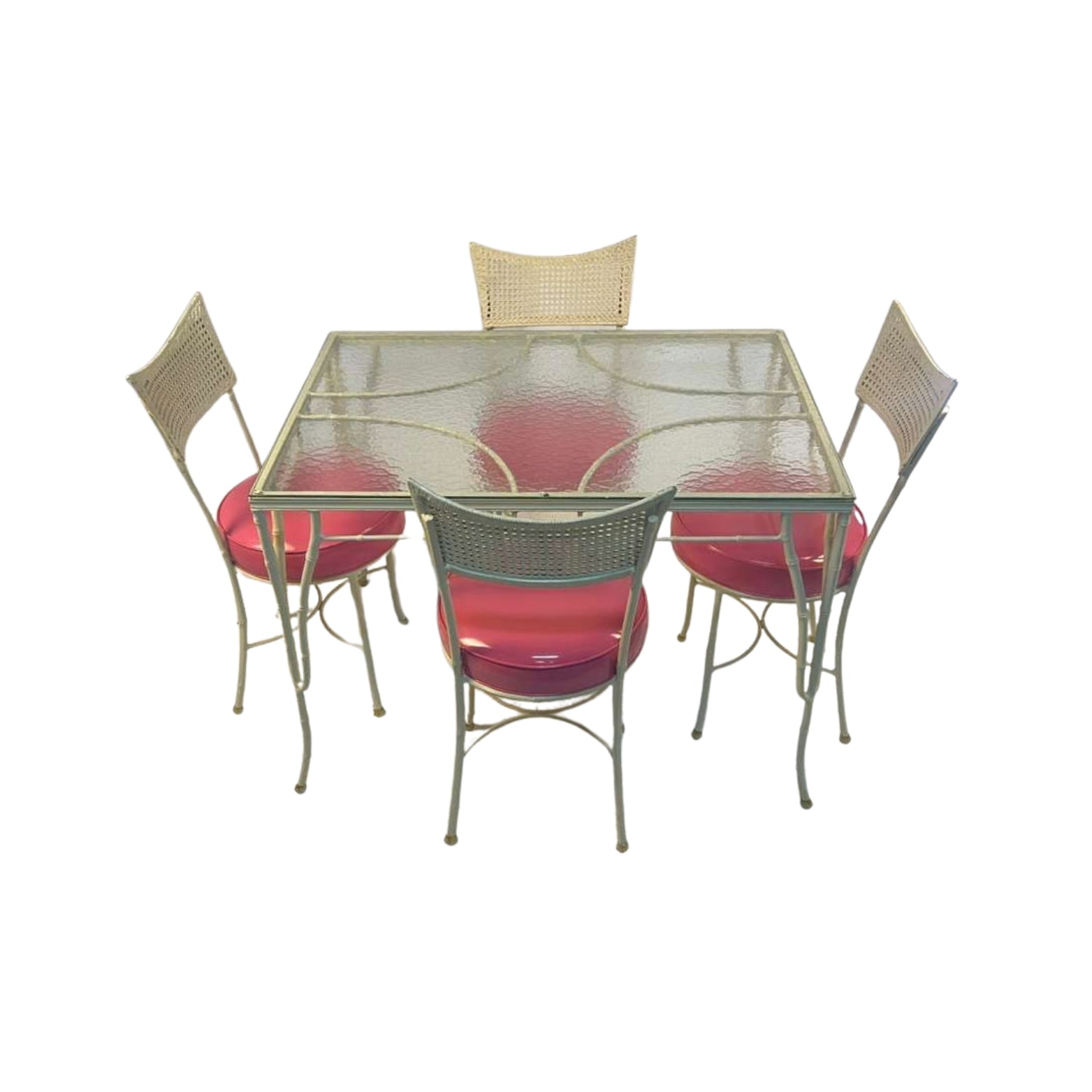 50s table and 4 iron chairs with imitation cane and bamboo in pink vegan leather on a white background
