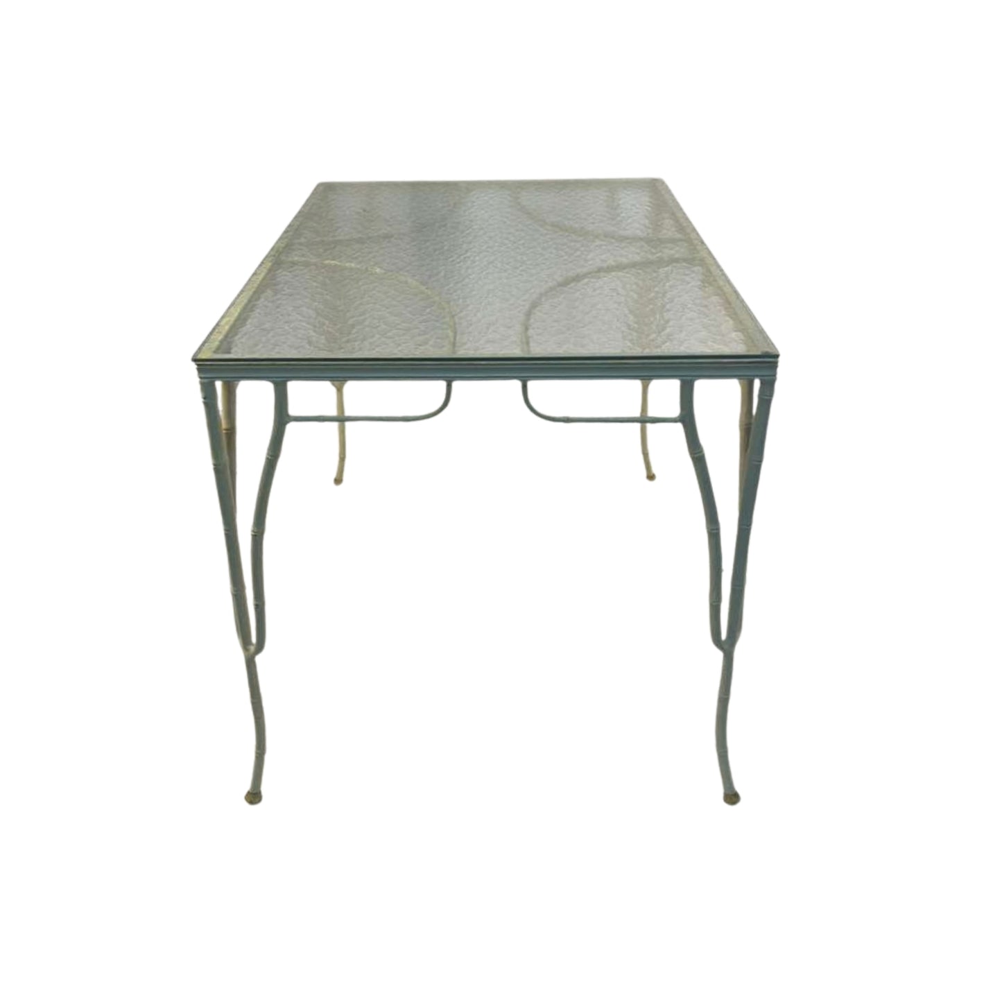 Side view of a 1950s table imitation of cane and bamboo and corrugated glass on a white background