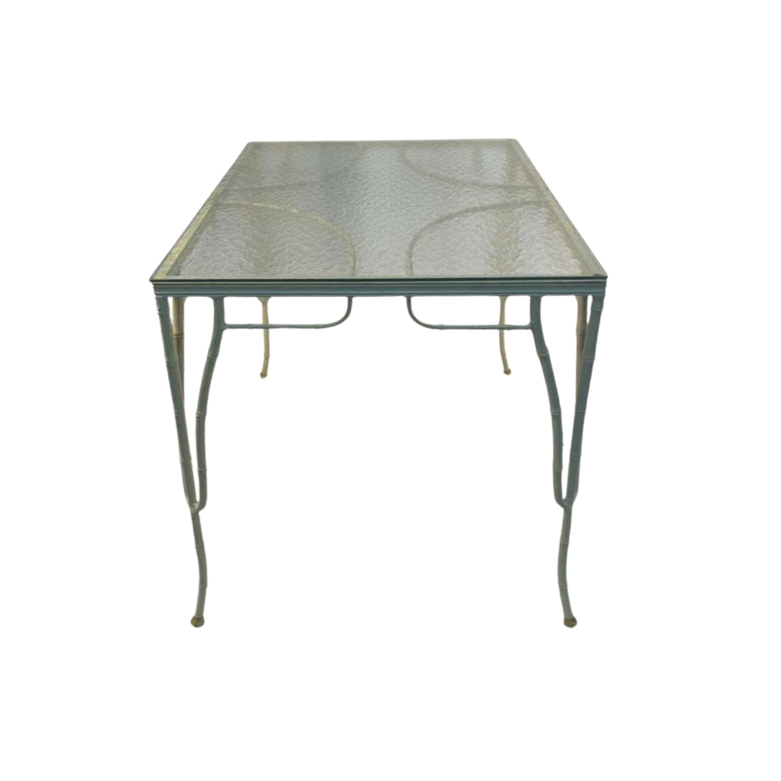 Side view of a 1950s table imitation of cane and bamboo and corrugated glass on a white background