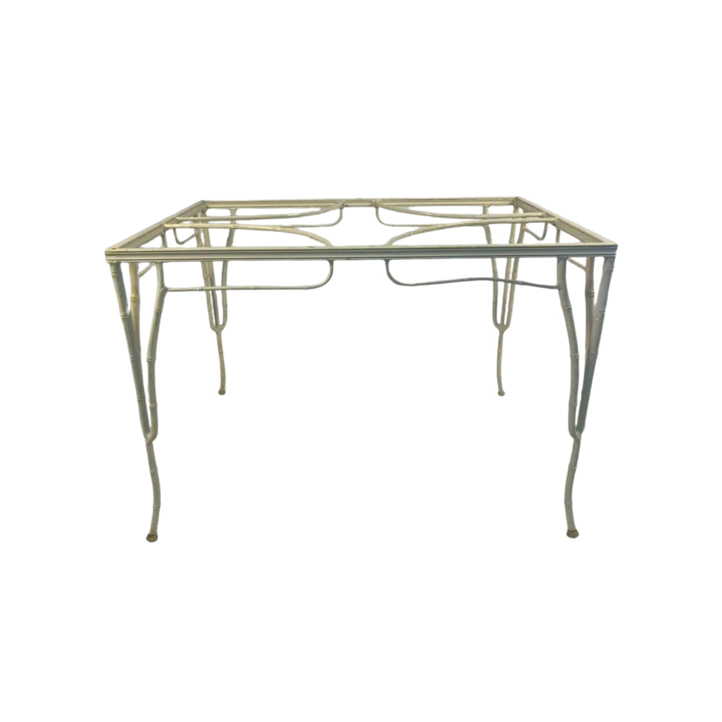 Front view of a 1950s table frame imitation of cane and bamboo on a white background