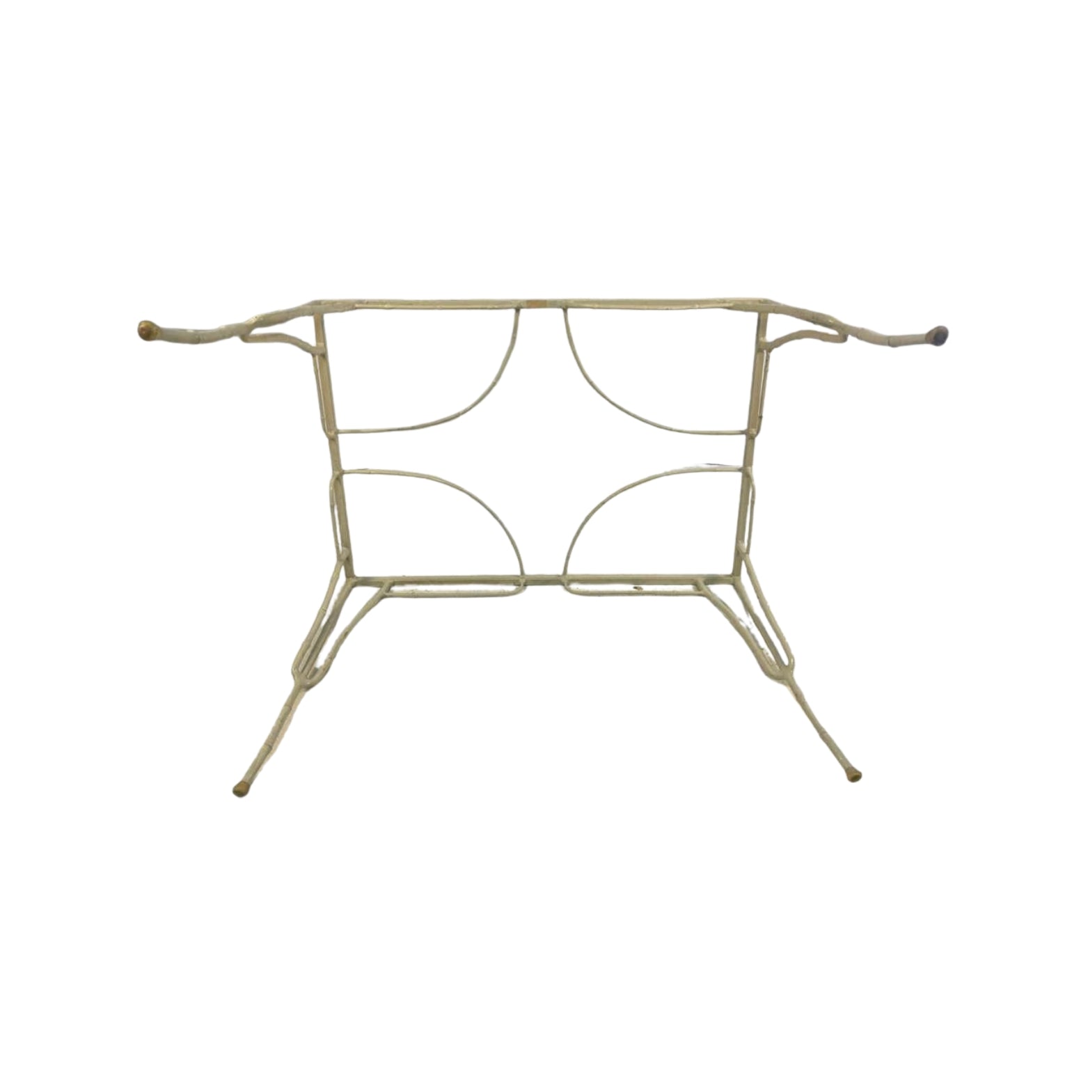 Bottom view of a 1950s table frame imitation of cane and bamboo on a white background