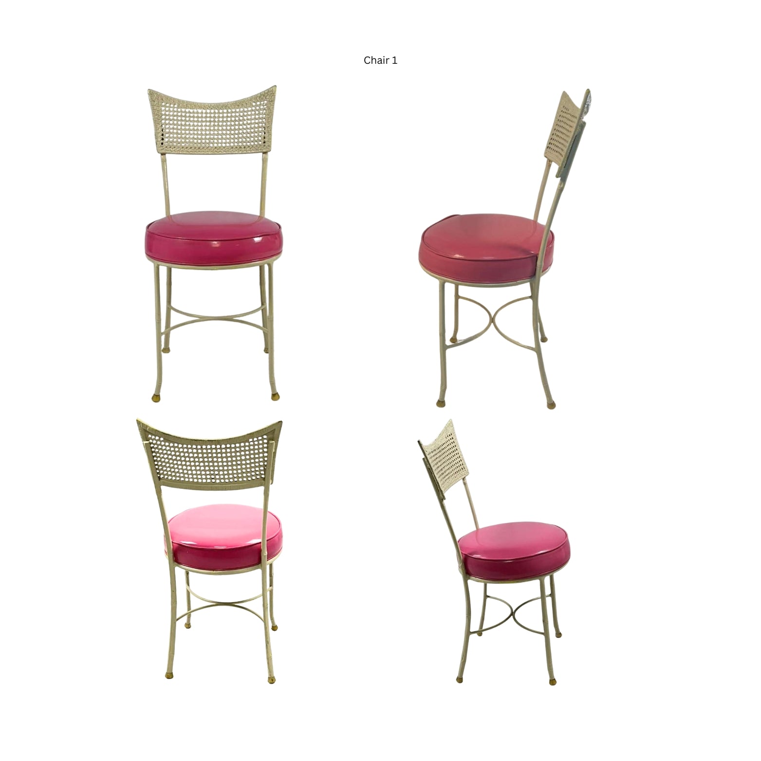 Front, side and back view of an iron chair with cane and bamboo imitation in pink vegan leather on a white background