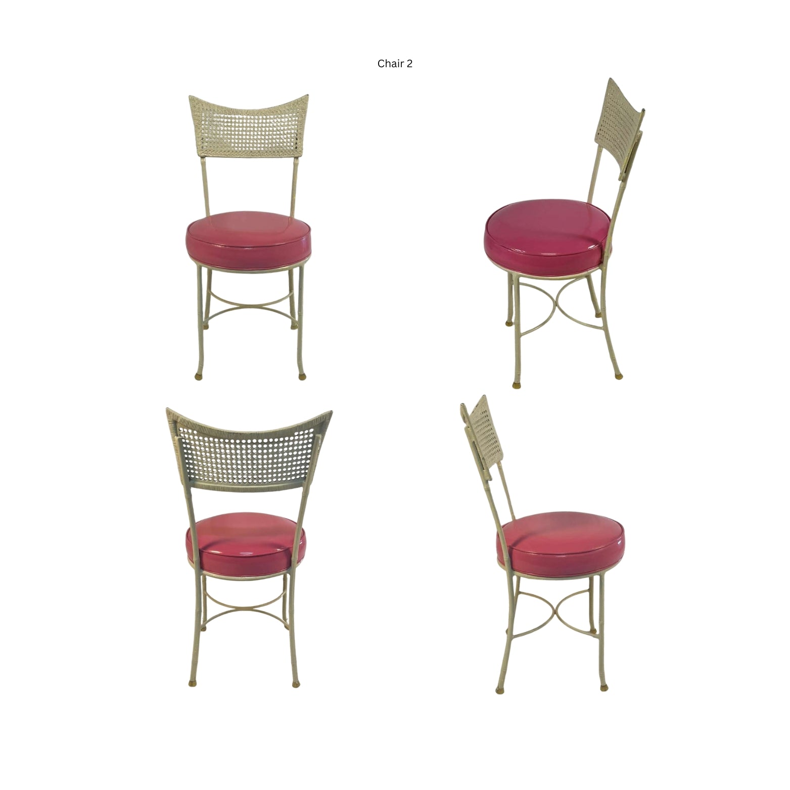 Front, side and back view of an iron chair with cane and bamboo imitation in pink vegan leather on a white background
