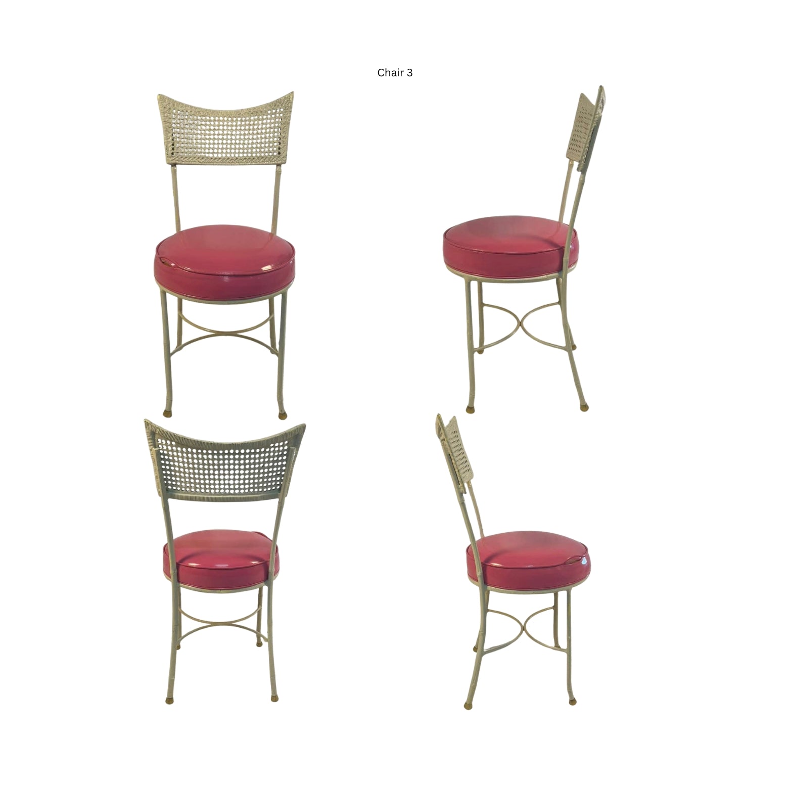 Front, side and back view of an iron chair with cane and bamboo imitation in pink vegan leather on a white background