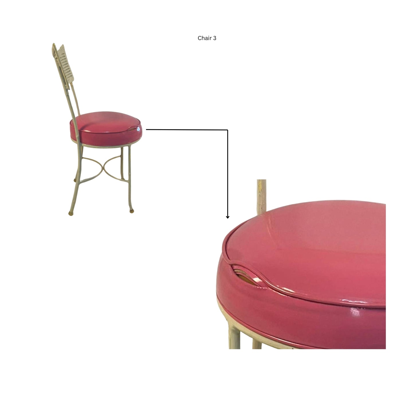 Detail of a broken iron chair with imitation cane and bamboo in pink vegan leather on a white background
