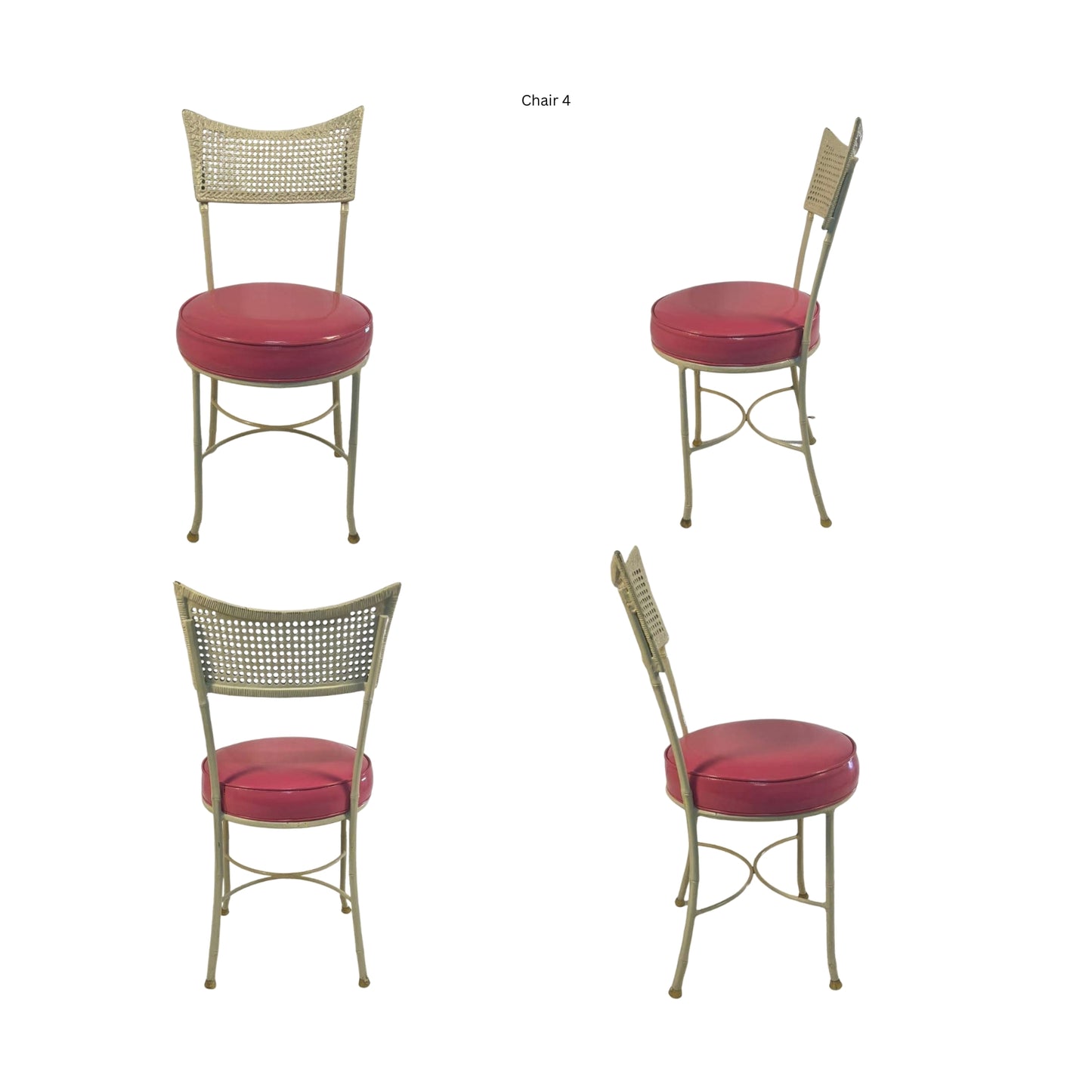 Front, side and back view of an iron chair with cane and bamboo imitation in pink vegan leather on a white background
