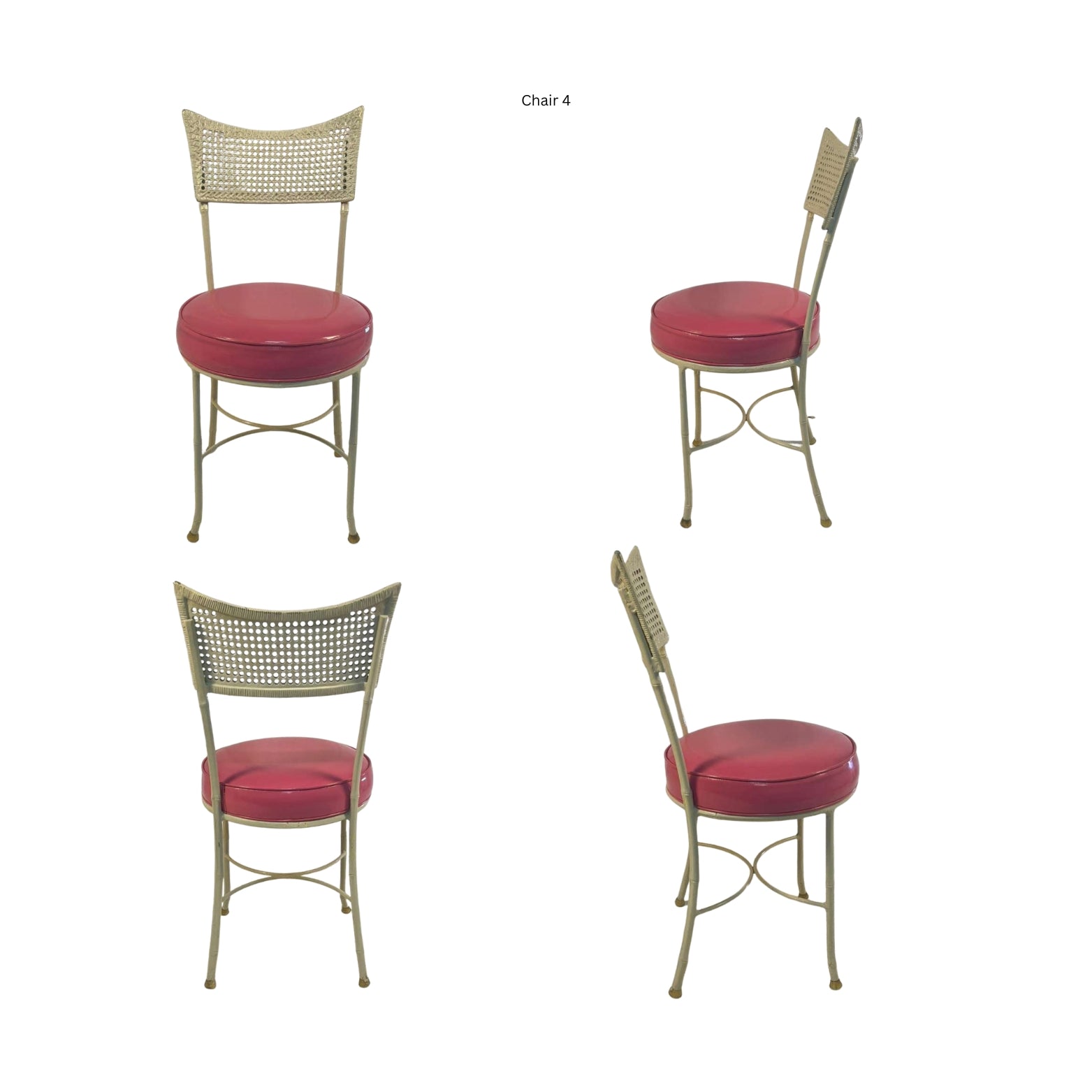 Front, side and back view of an iron chair with cane and bamboo imitation in pink vegan leather on a white background
