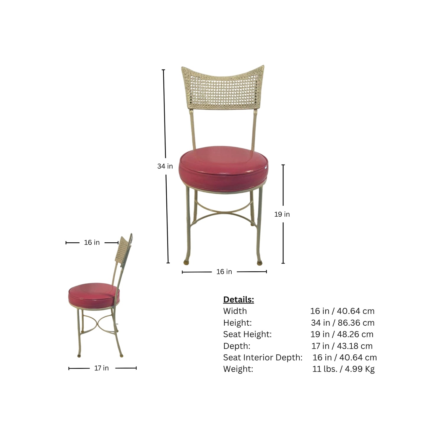 Pages of measurements for iron chair with cane and bamboo imitation in pink vegan leather on a white background