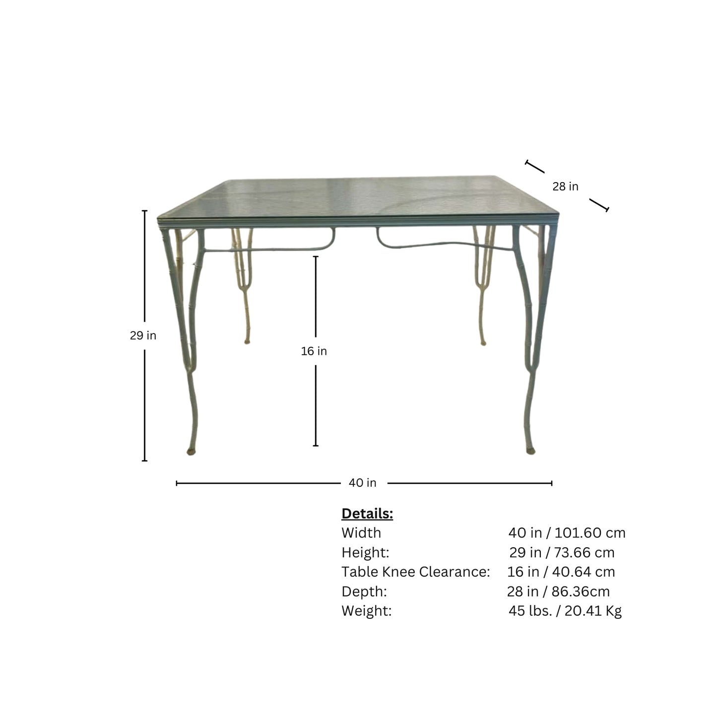 Page of table measurements from the 1950s and made of iron with cane and bamboo imitation on a white background
