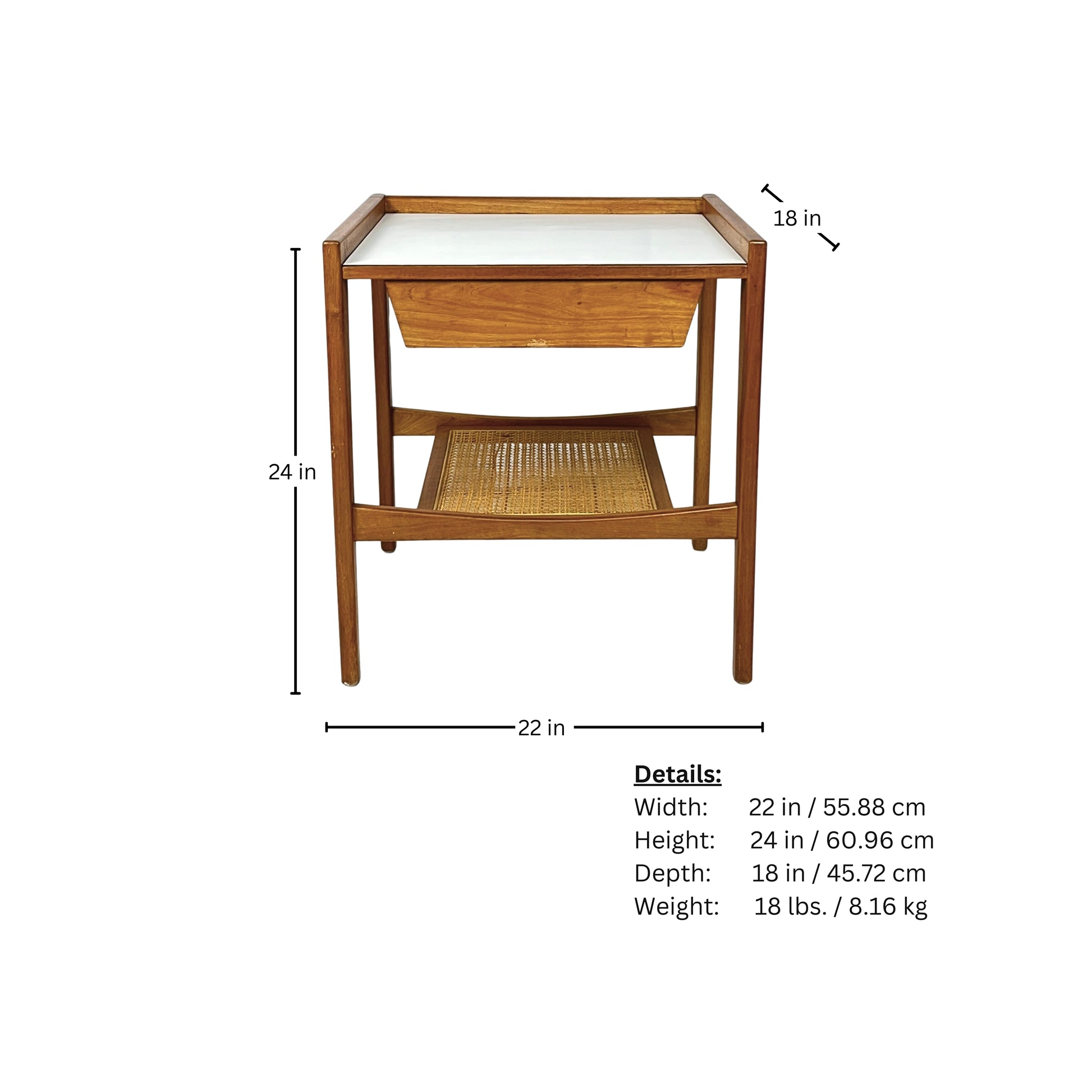 measurement page for a wooden side table with a white top and wicker shelf on a white background