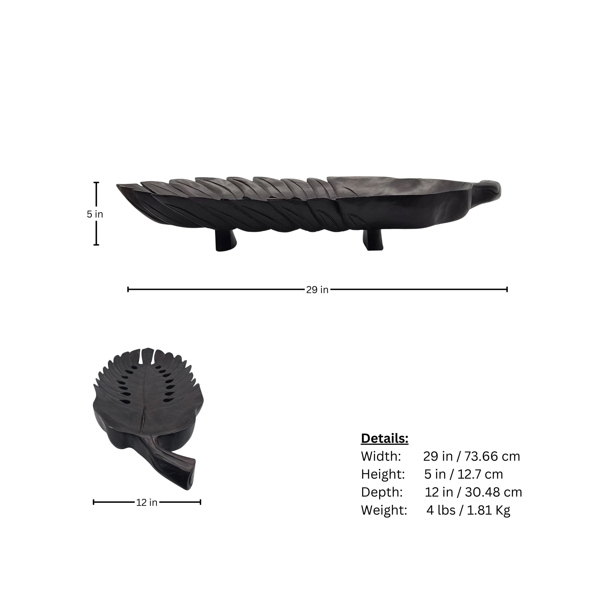 Page of large wooden tray measurements with a carved philodendron leaf on a white background