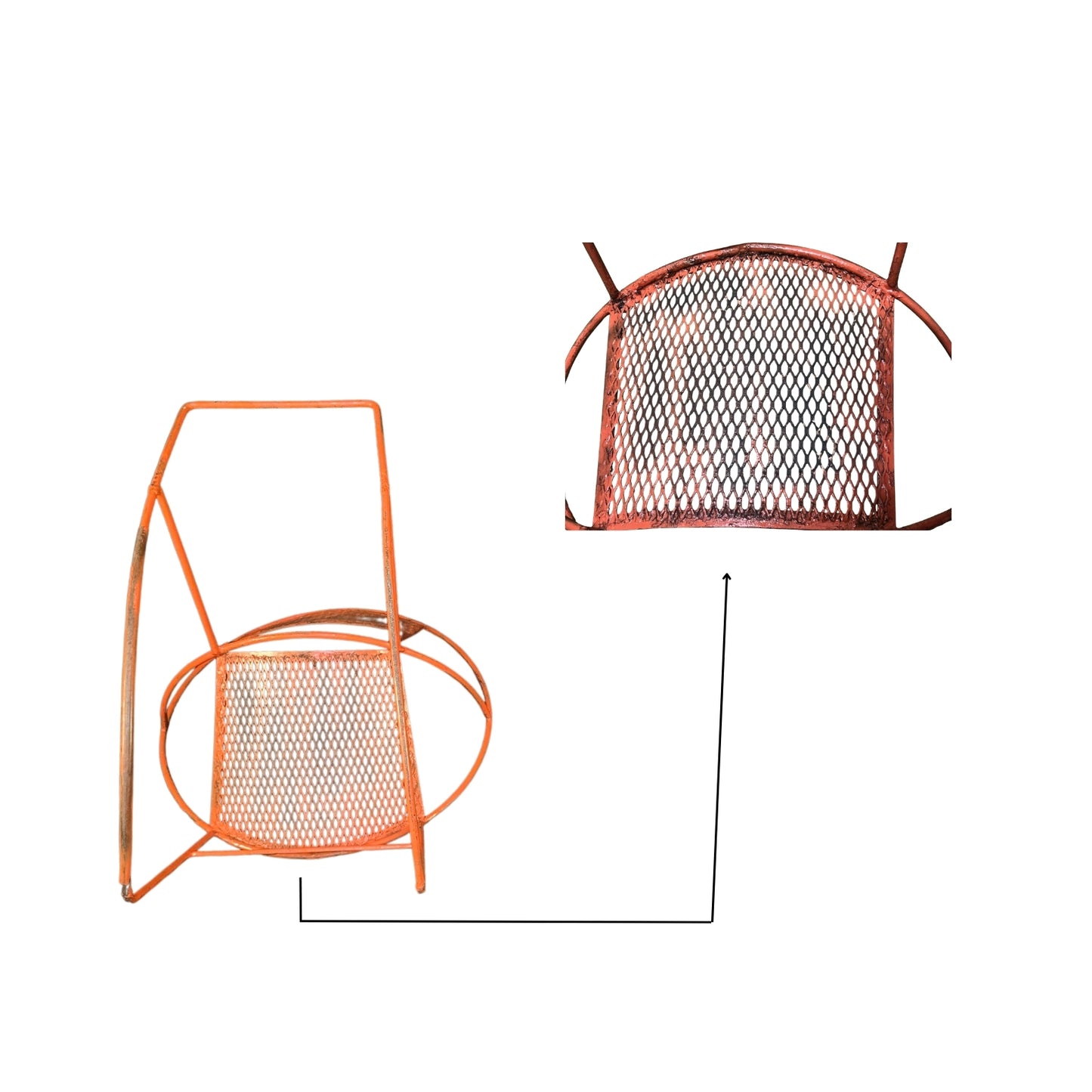 Detail of the back part of an orange wrought iron rocking chair on a white background