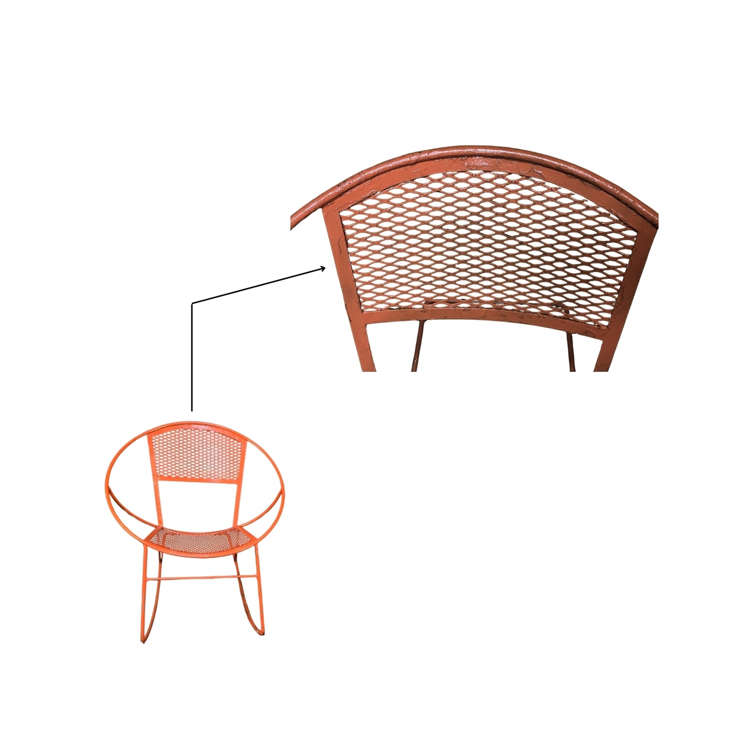 Detail of the backrest of an orange wrought iron rocking chair on a white background