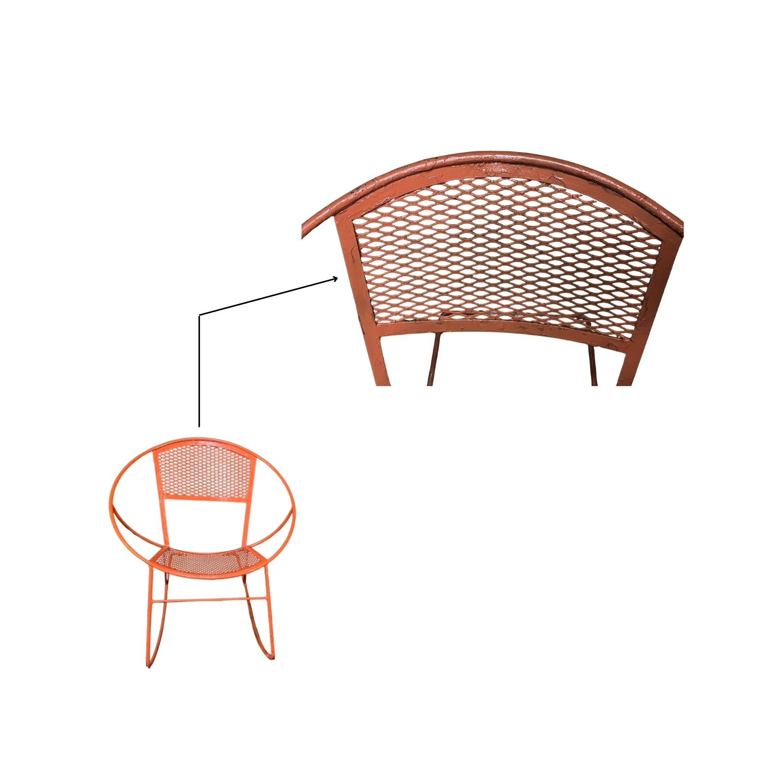 Detail of the backrest of an orange wrought iron rocking chair on a white background