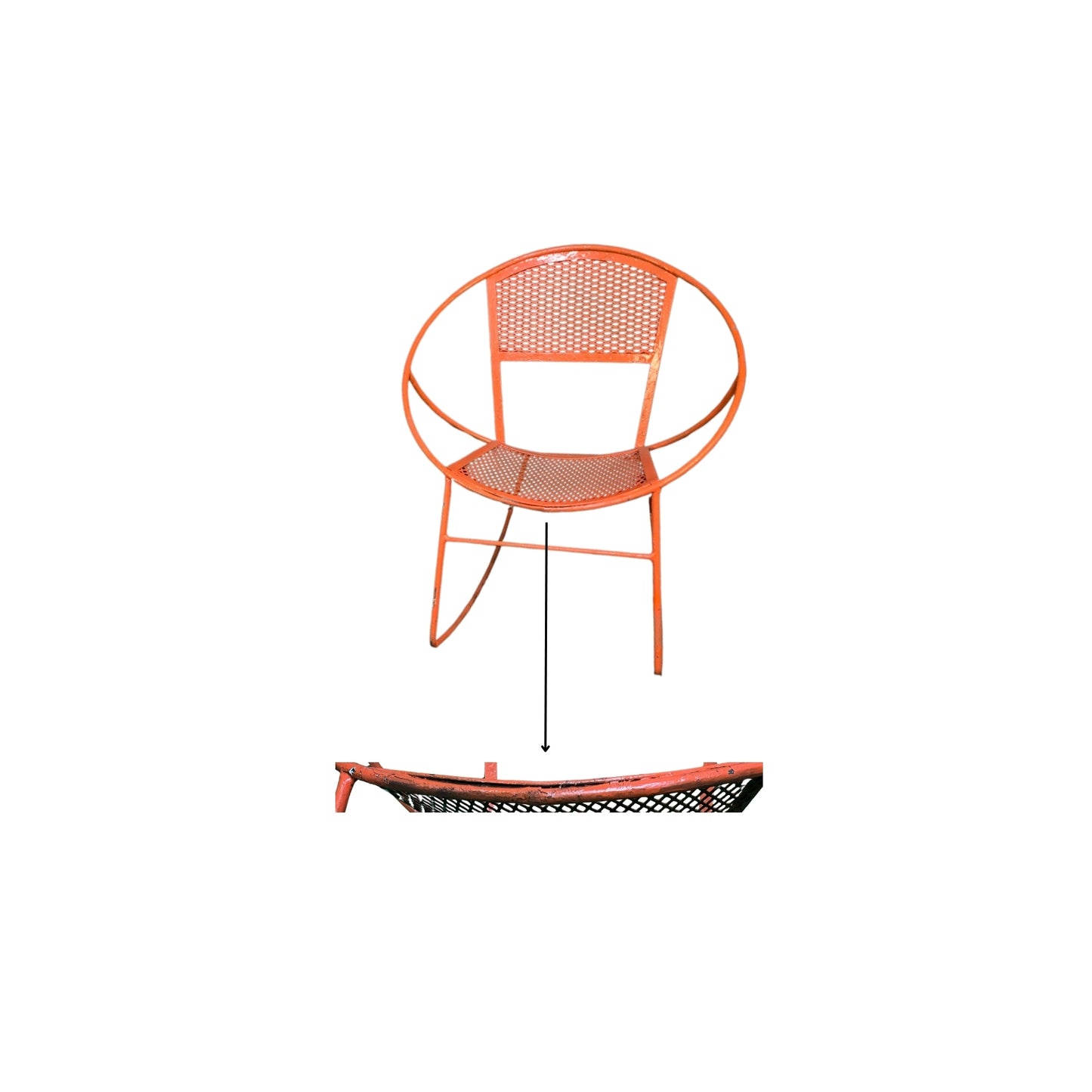 Detail of the report of the seat of an orange wrought iron rocking chair on a white background
