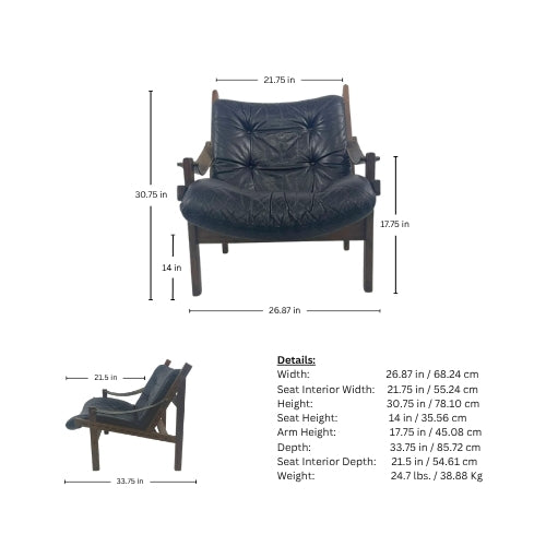 Front and side views of a vintage wooden lounge chair with dark tufted cushions, shown with detailed measurements including width, height, depth, seat height, and arm height
