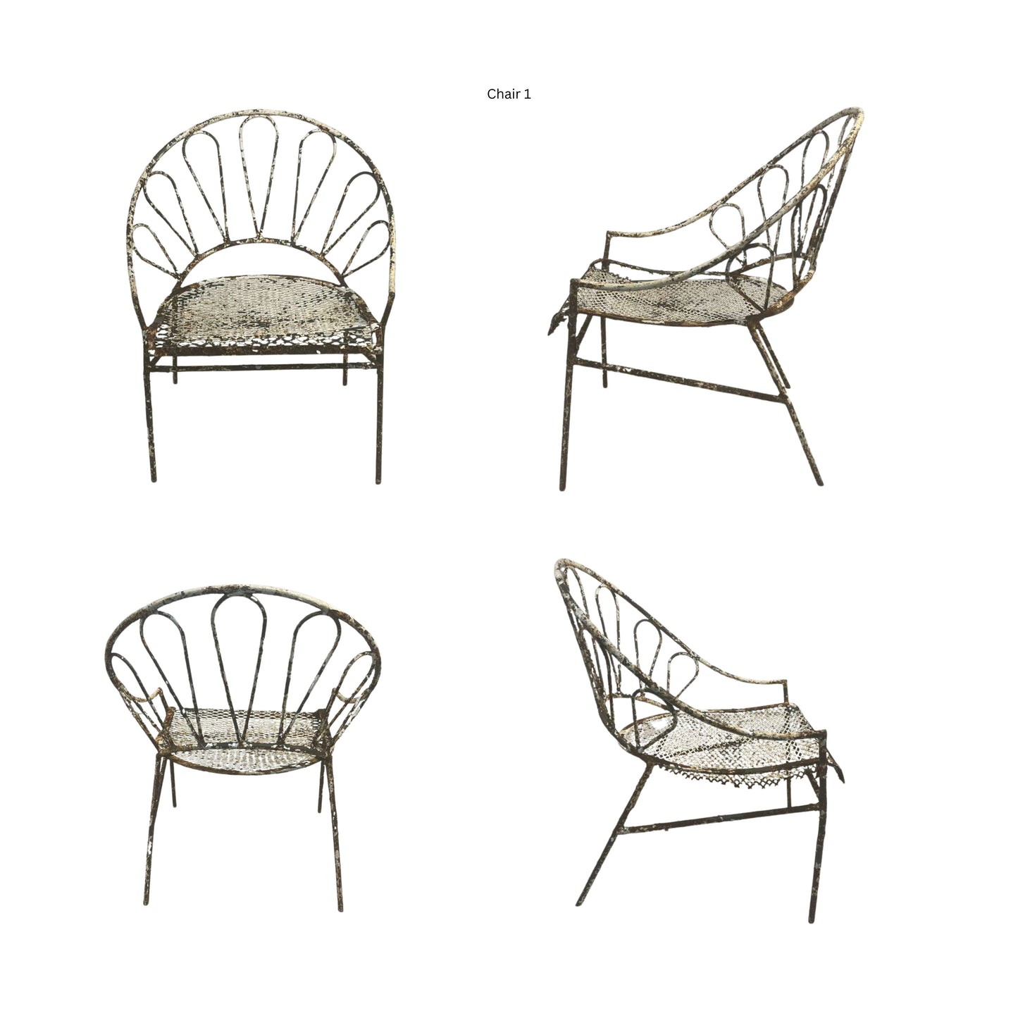 Front, side, and back view of a wrought iron chair on a white background