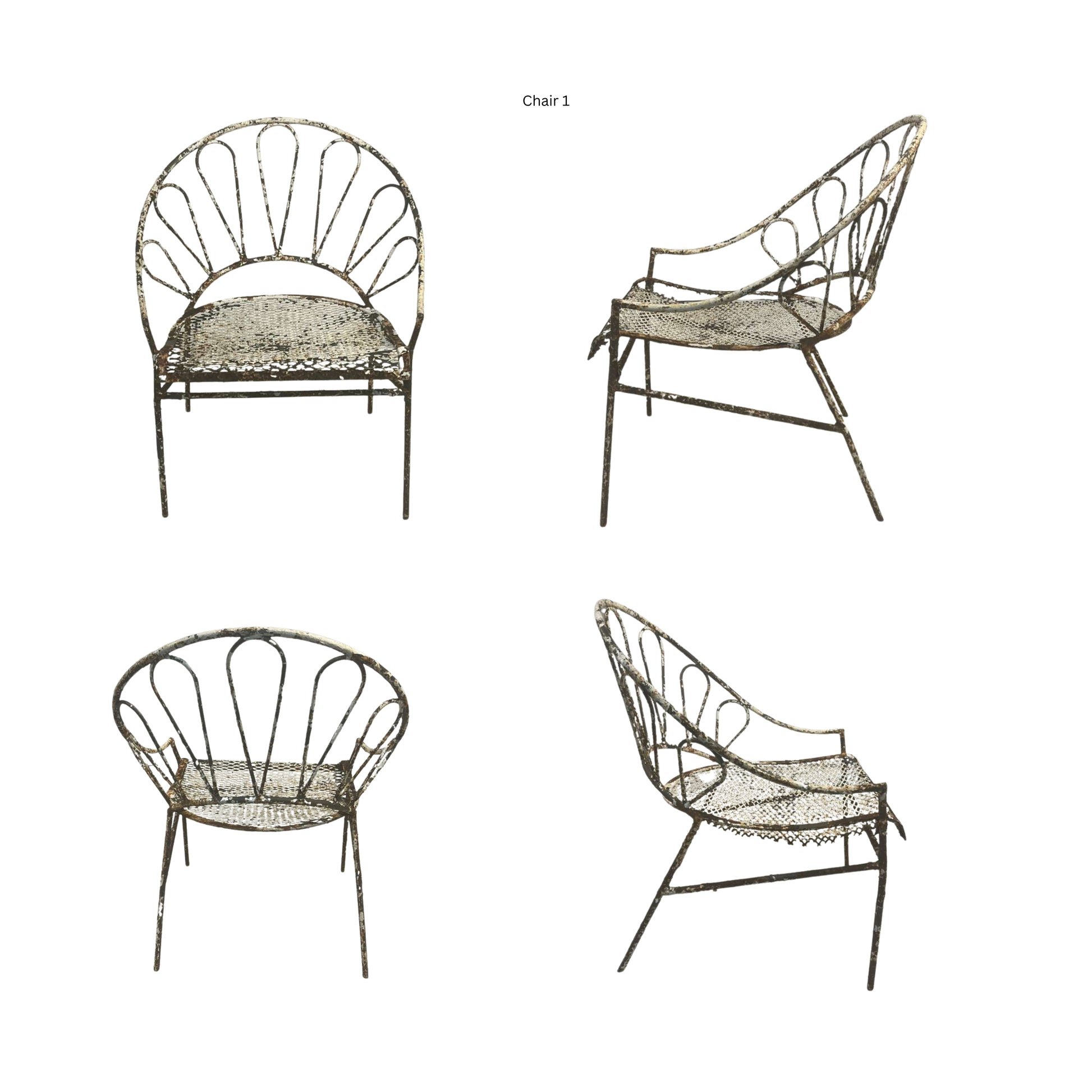 Front, side, and back view of a wrought iron chair on a white background