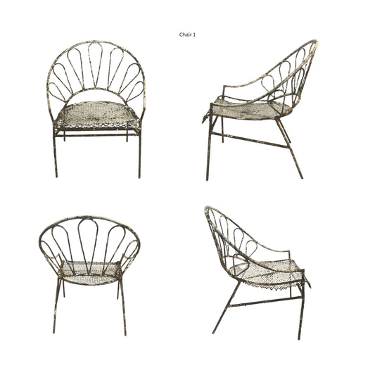 Front, side, and back view of a wrought iron chair on a white background