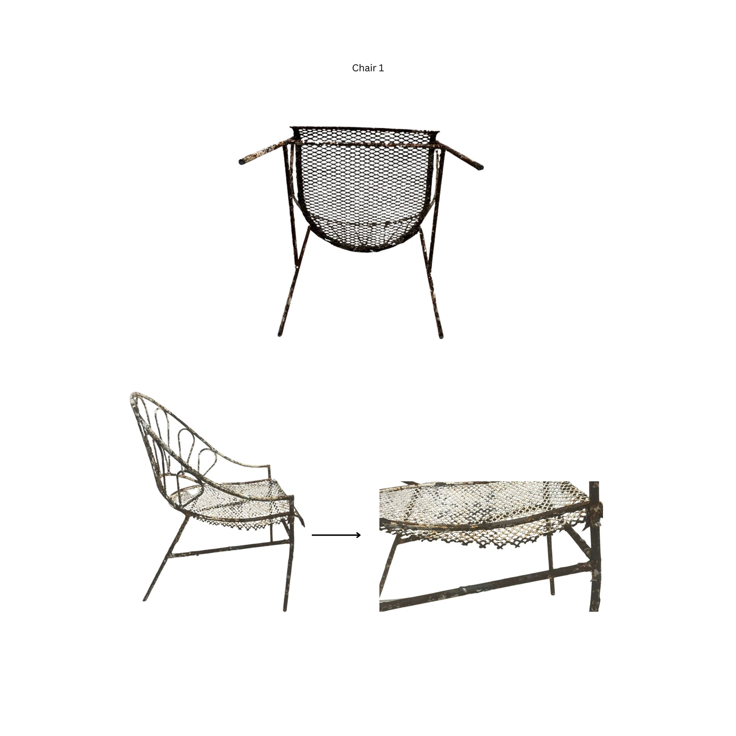 Bottom view and detail of the break that the wrought iron chair presents on a white background
