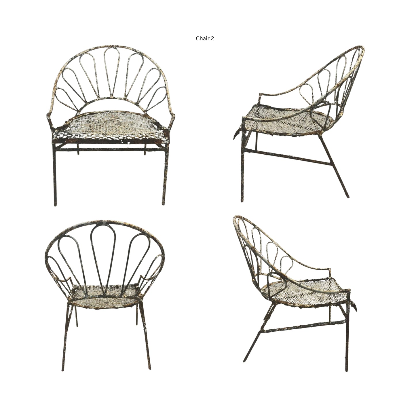 Front, side, and back view of a wrought iron chair on a white background