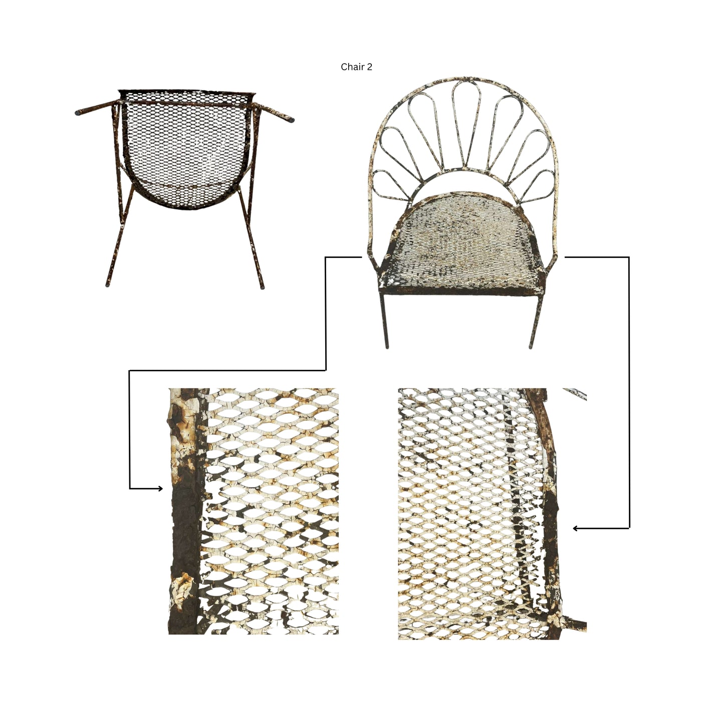 Bottom view and detail of the break that the wrought iron chair presents on a white background
