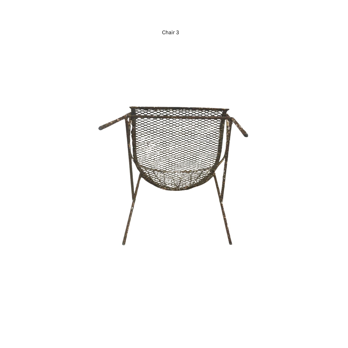 Bottom view of a wrought iron chair on a white background