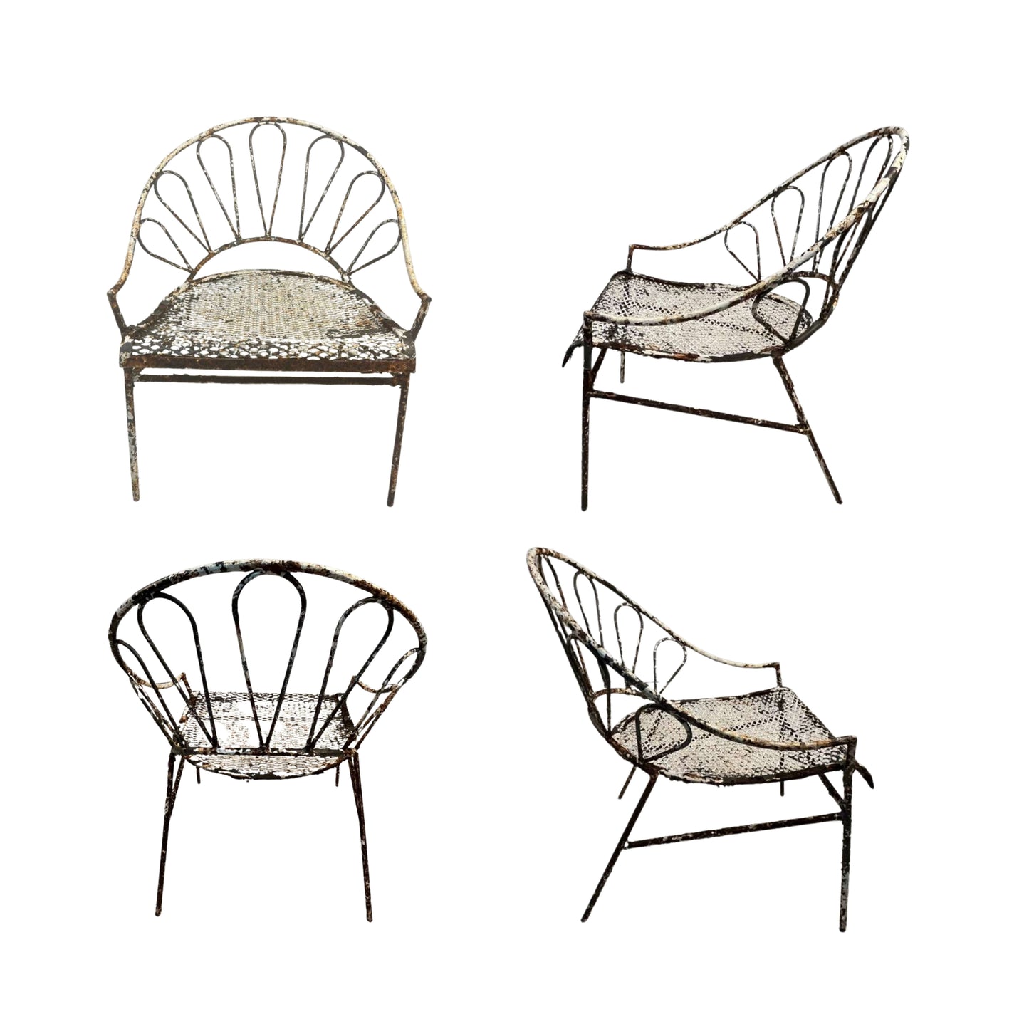 Front, side, and back view of a wrought iron chair on a white background