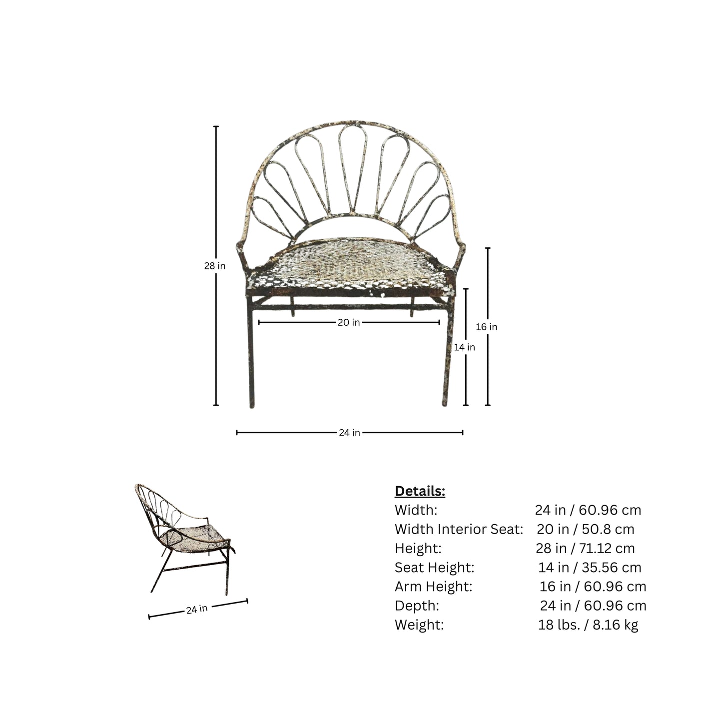Page of measurements of the wrought iron chair on a white background