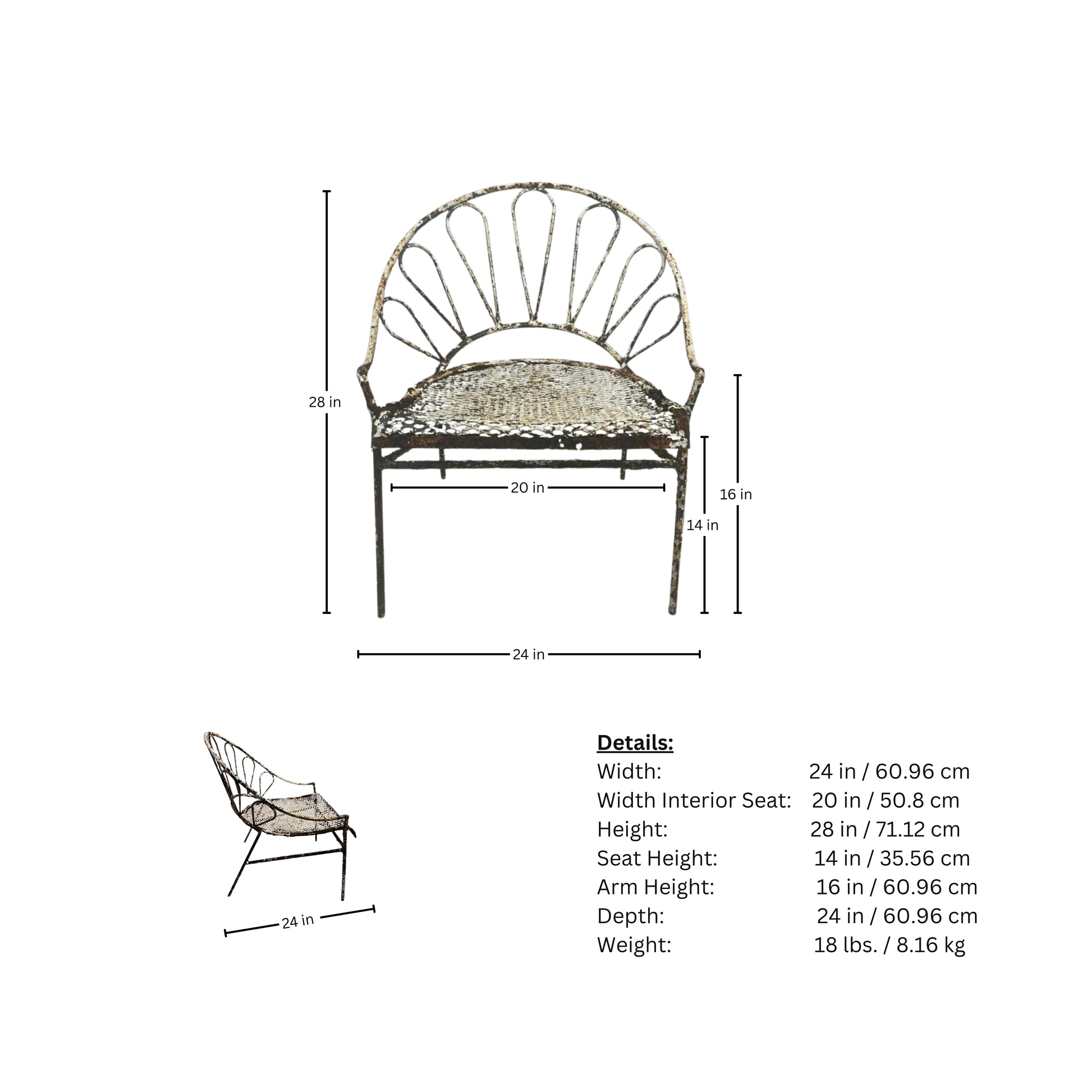 Page of measurements of the wrought iron chair on a white background