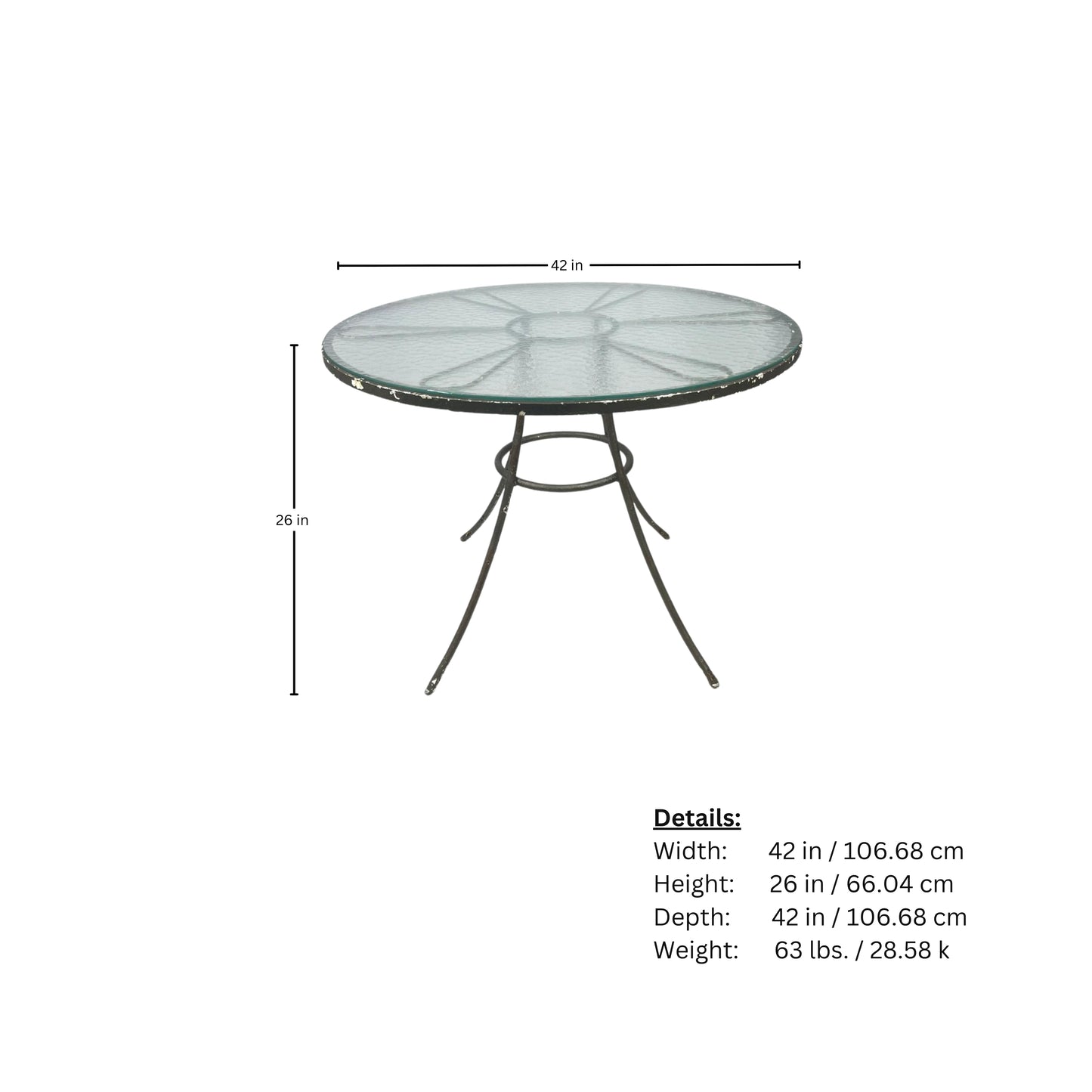 Page of measurements of wrought iron round table with glass top on white background