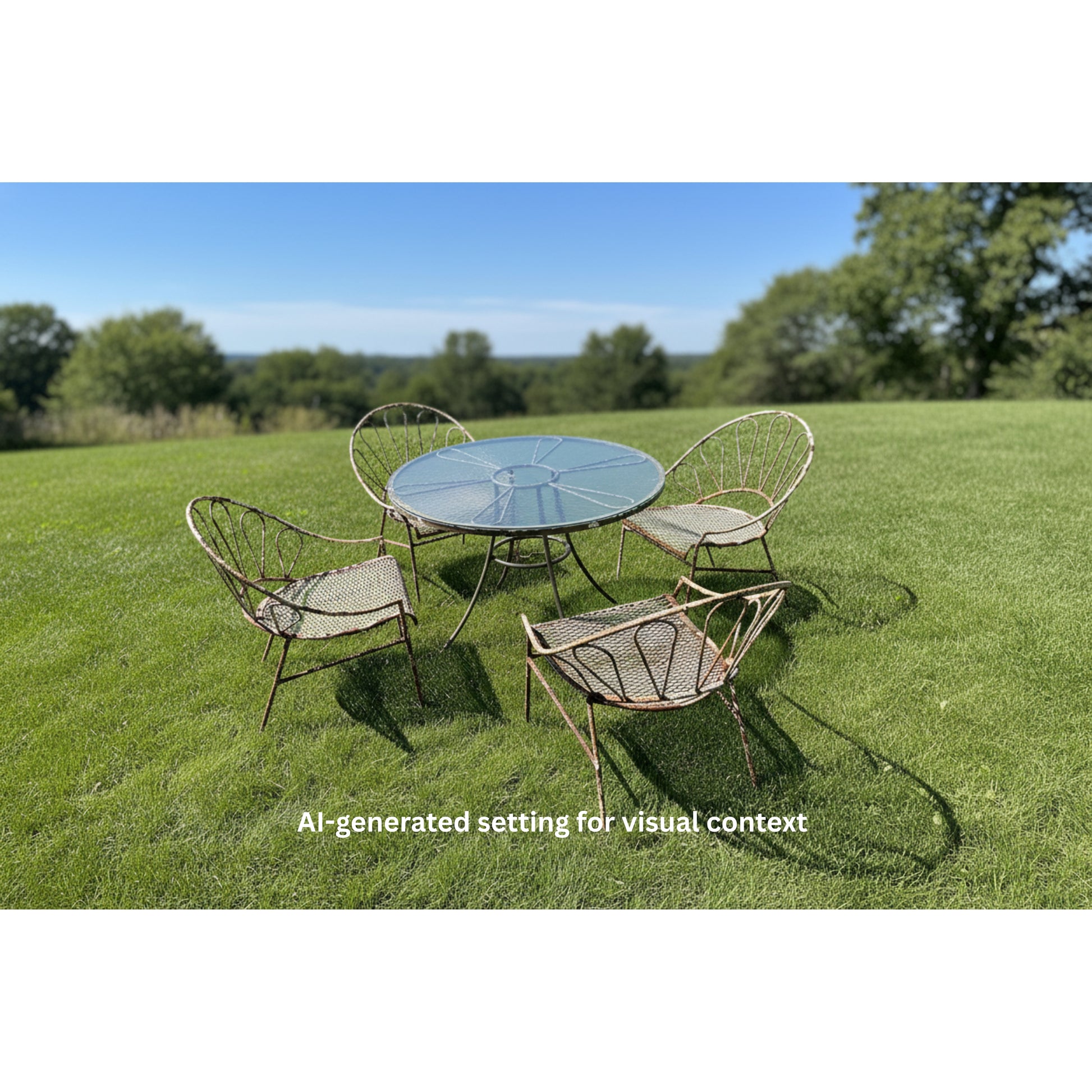 Outdoor patio set with round table and four chairs on a grassy field with trees in the background.