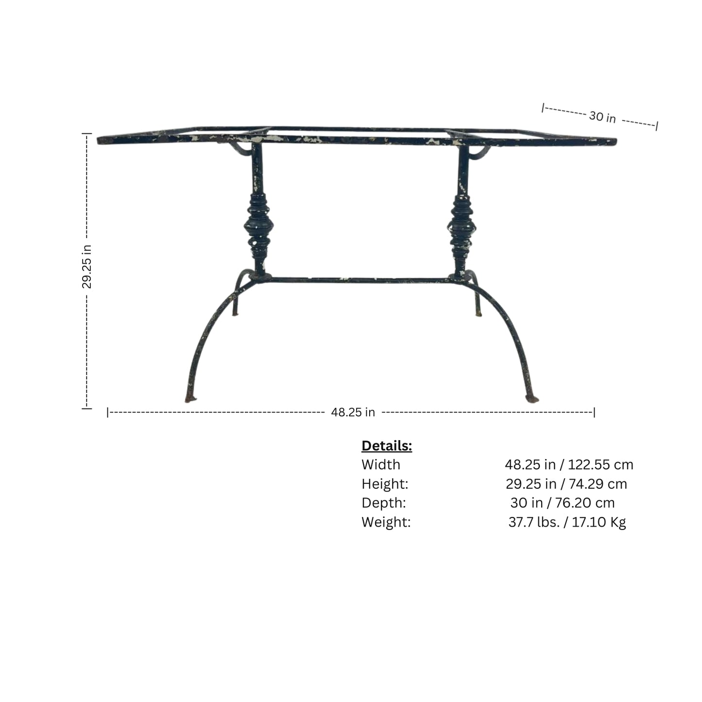 Dimensions of a black metal table with measurements labeled