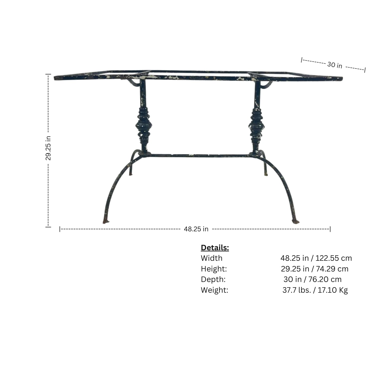 Dimensions of a black metal table with measurements labeled