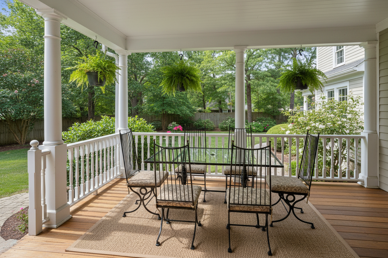 Outdoor patio with a dining table and chairs on a wooden deck, surrounded by greenery.